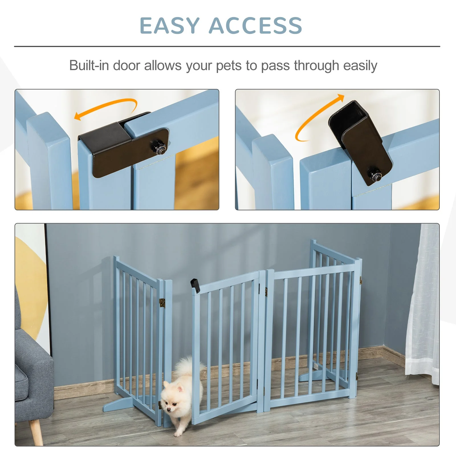 PawHut Pet Gate Wooden Foldable Dog Safety Barrier w/ 4 Panels for Small and Medium Dogs Blue - Image 7