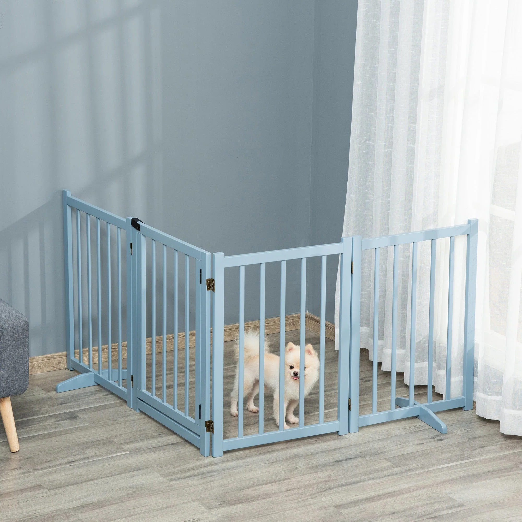 PawHut Pet Gate Wooden Foldable Dog Safety Barrier w/ 4 Panels for Small and Medium Dogs Blue - Image 9