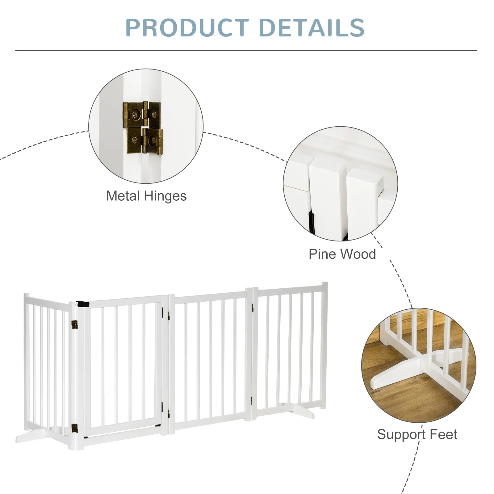PawHut Pet Gate Wooden Foldable Dog Safety Barrier w/ 4 Panels for Small and Medium Dogs White - Image 5