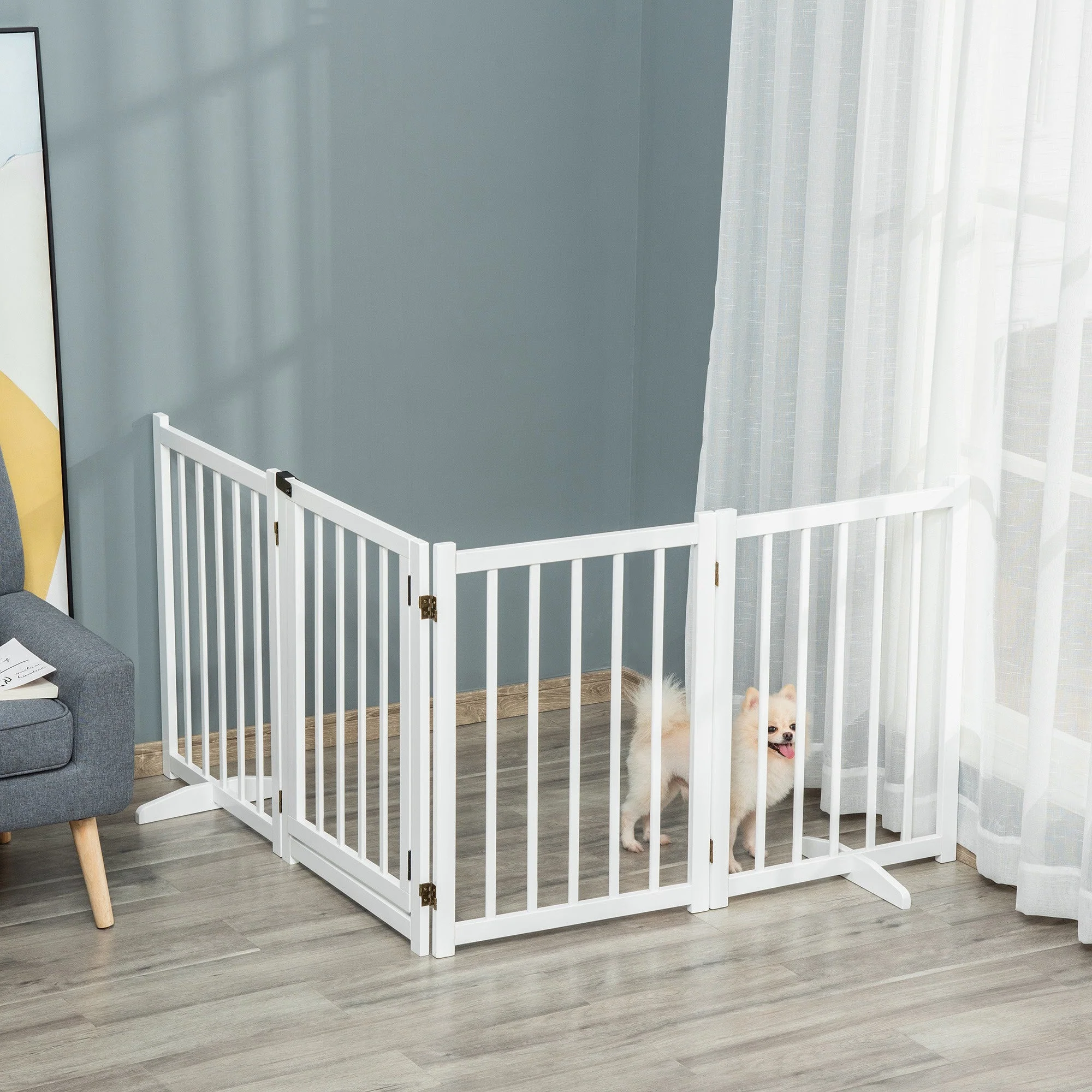 PawHut Pet Gate Wooden Foldable Dog Safety Barrier w/ 4 Panels for Small and Medium Dogs White - Image 8
