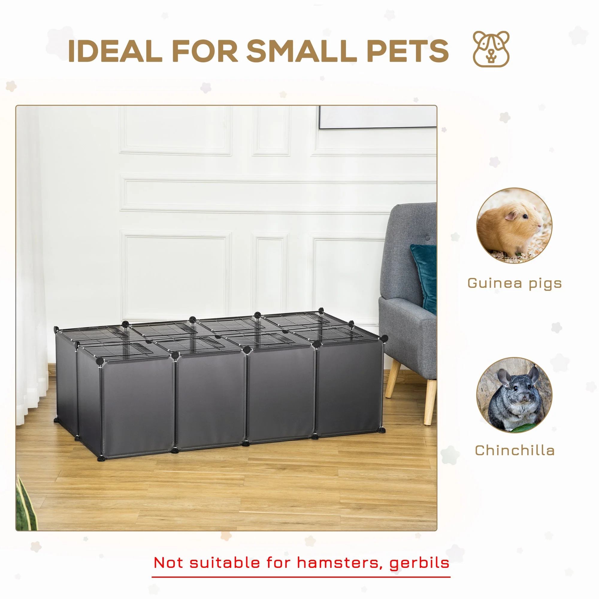 Pawhut Pet Playpen With Door Guinea Pigs Metal Mesh Cage With Mallet Grey - Image 4