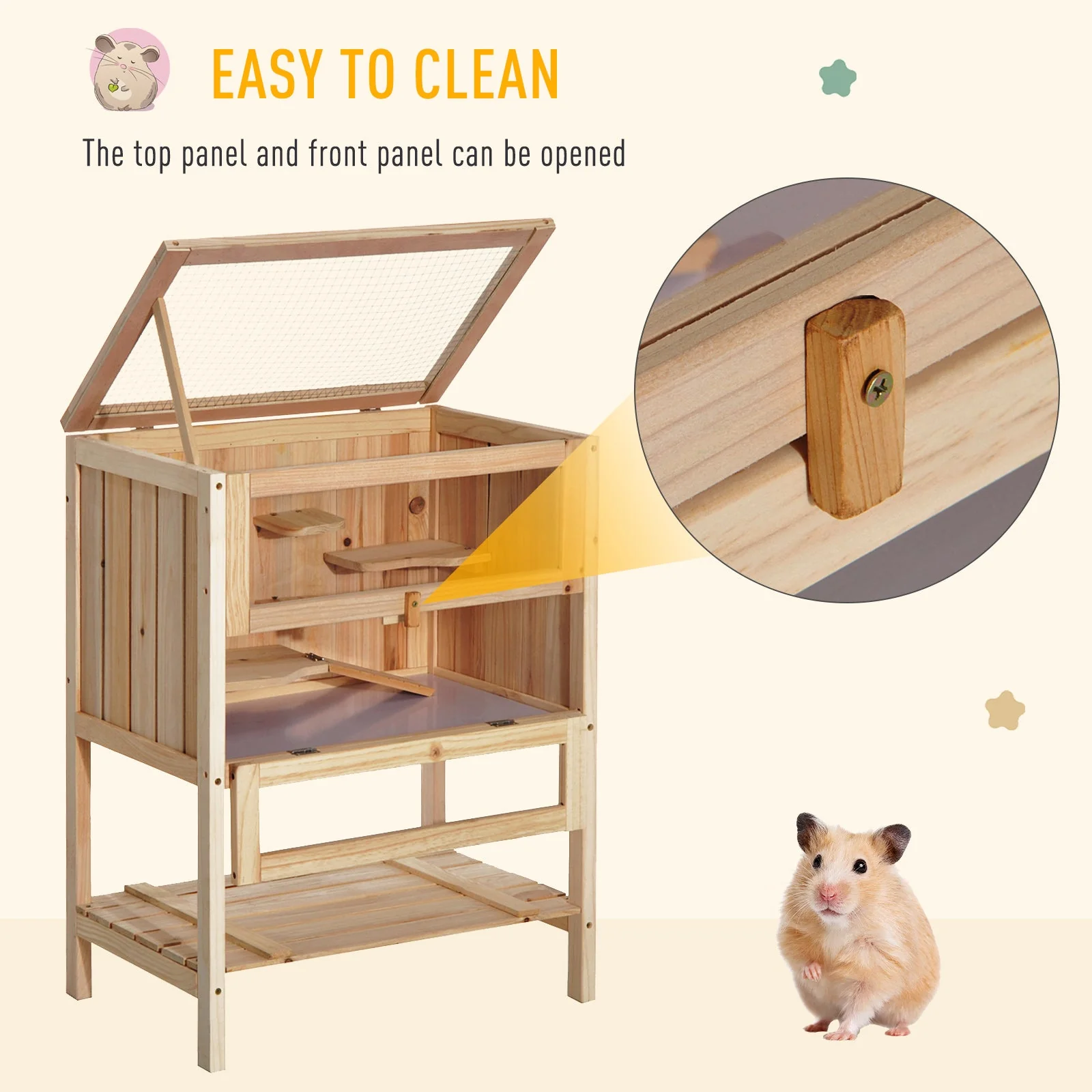 Pawhut Pet Rodent Fir Wood Elevated 3-Tier Cage Wood Tone - Image 5