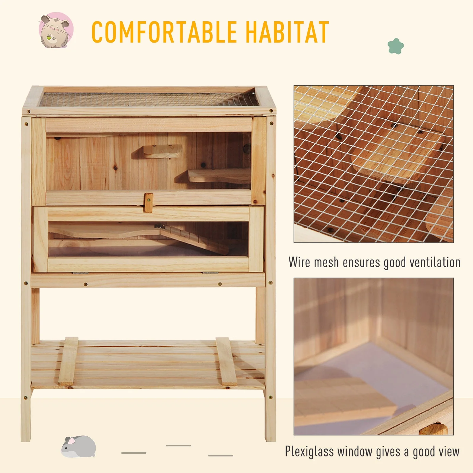 Pawhut Pet Rodent Fir Wood Elevated 3-Tier Cage Wood Tone - Image 6