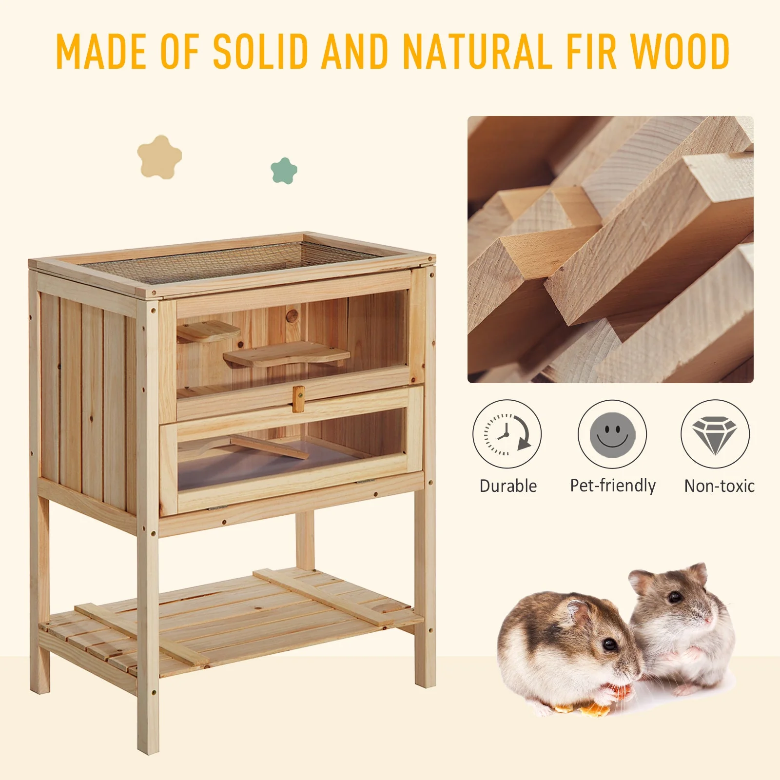 Pawhut Pet Rodent Fir Wood Elevated 3-Tier Cage Wood Tone - Image 7