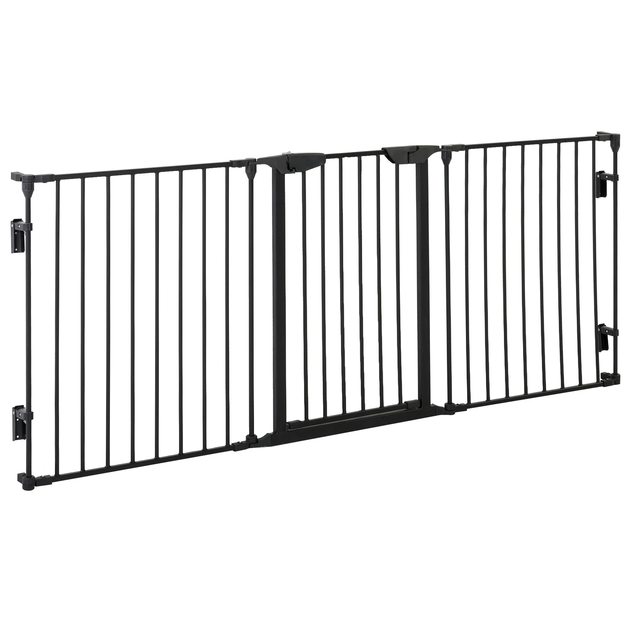 PawHut Pet Safety Gate 3-Panel Playpen Fireplace Christmas Tree Metal Fence Stair Barrier Room Divider with Walk Through Door Automatically Close Lock Black - Image 2