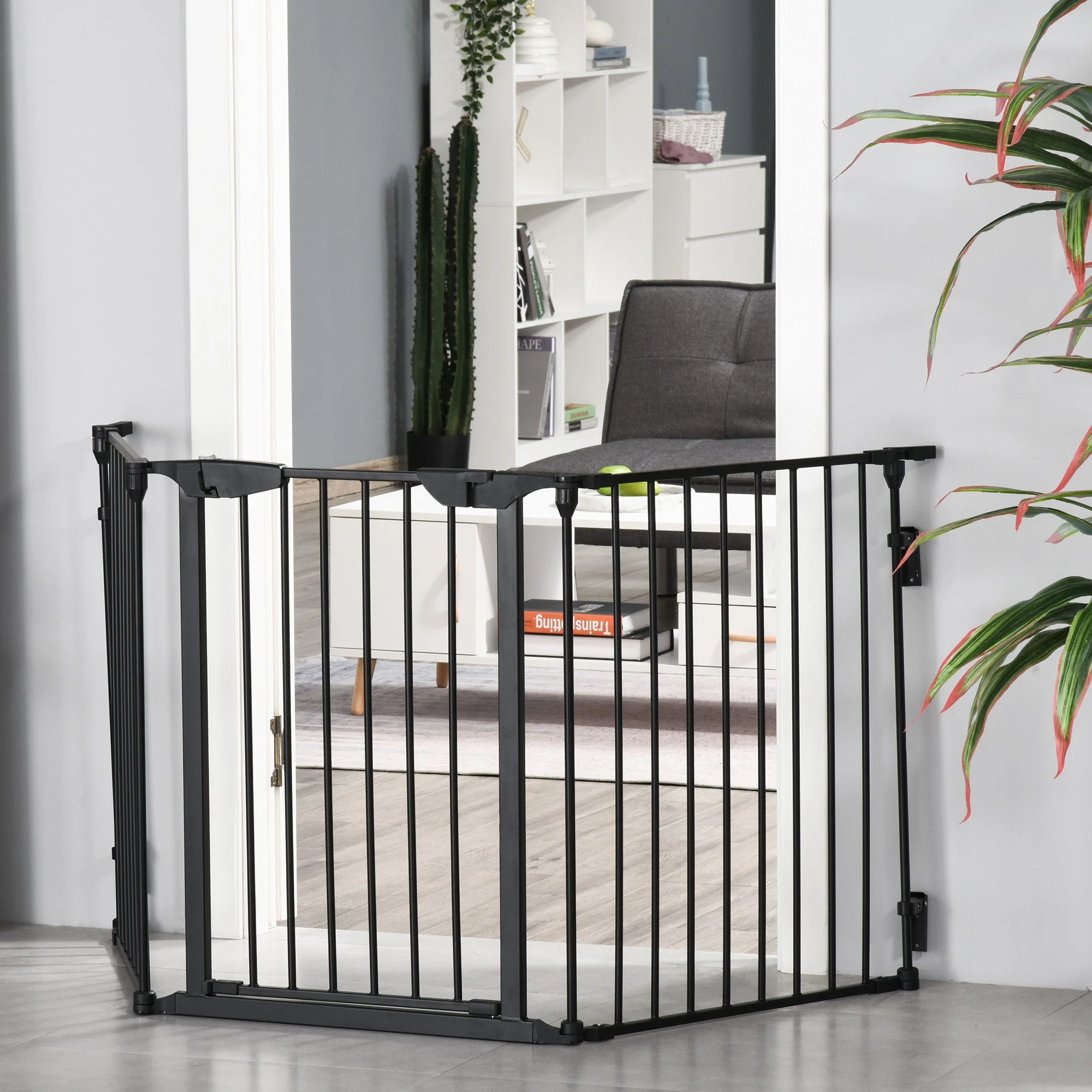PawHut Pet Safety Gate 3-Panel Playpen Fireplace Christmas Tree Metal Fence Stair Barrier Room Divider with Walk Through Door Automatically Close Lock Black - Image 3