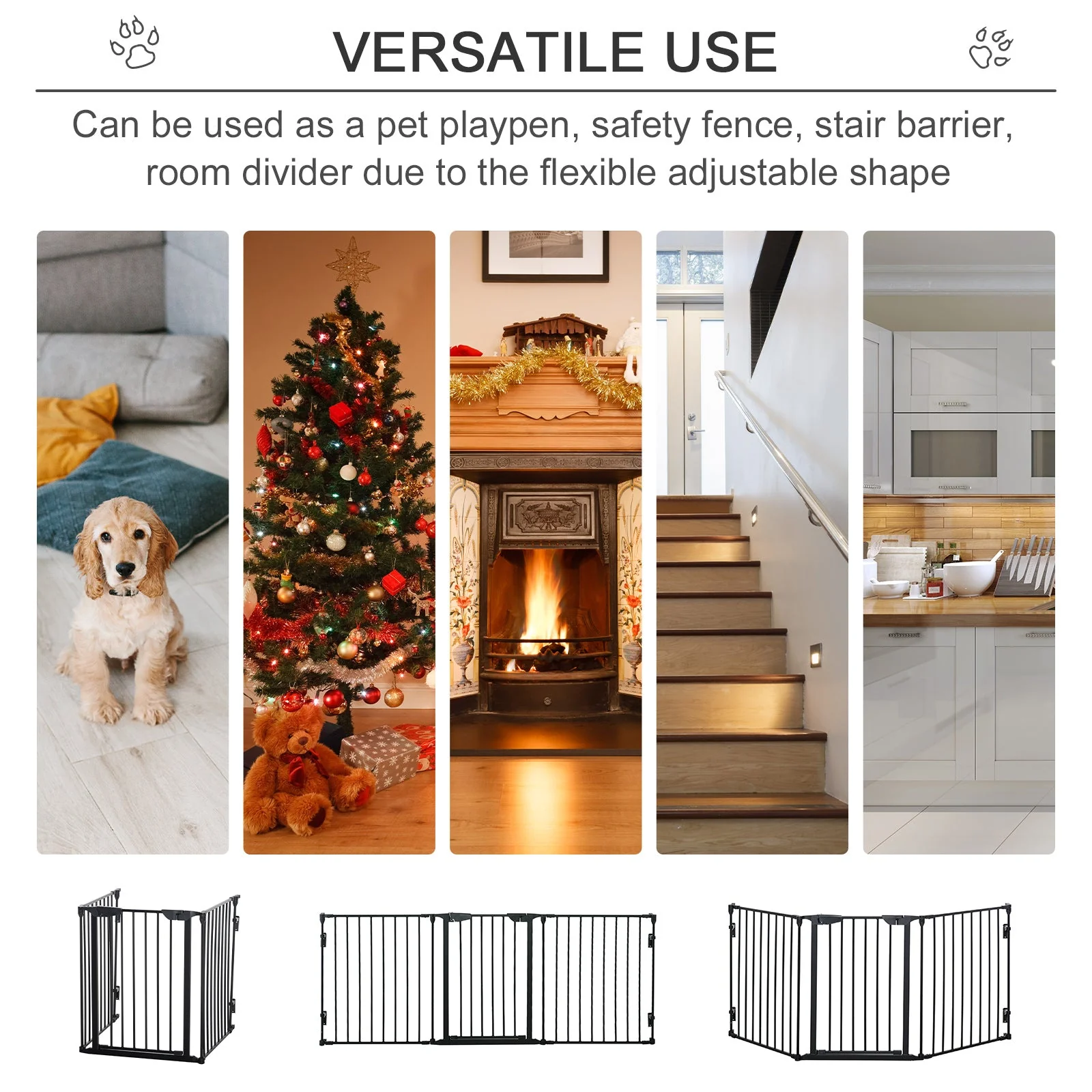 PawHut Pet Safety Gate 3-Panel Playpen Fireplace Christmas Tree Metal Fence Stair Barrier Room Divider with Walk Through Door Automatically Close Lock Black - Image 5