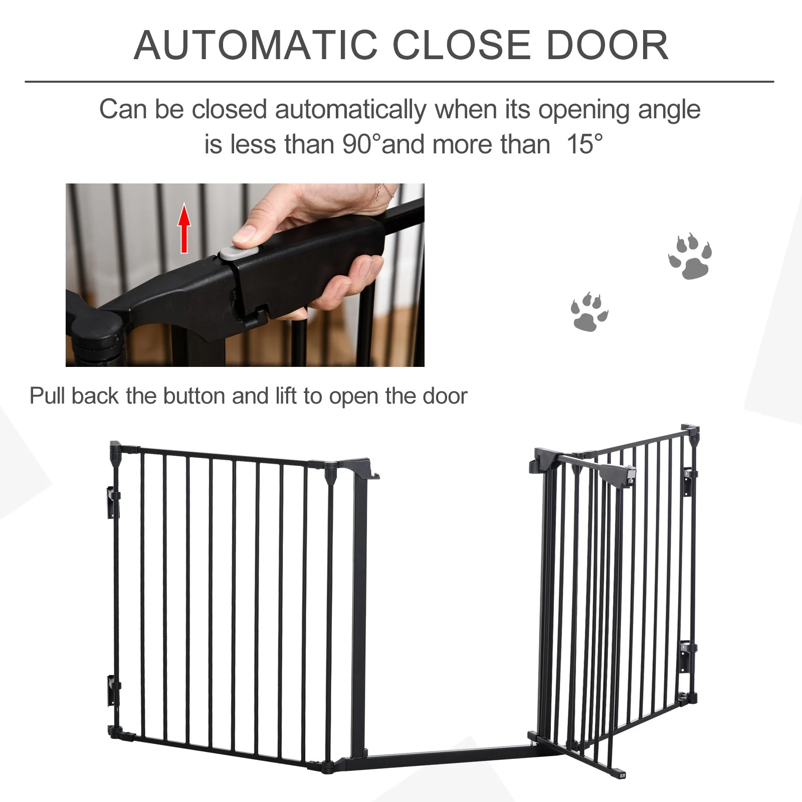 PawHut Pet Safety Gate 3-Panel Playpen Fireplace Christmas Tree Metal Fence Stair Barrier Room Divider with Walk Through Door Automatically Close Lock Black - Image 7