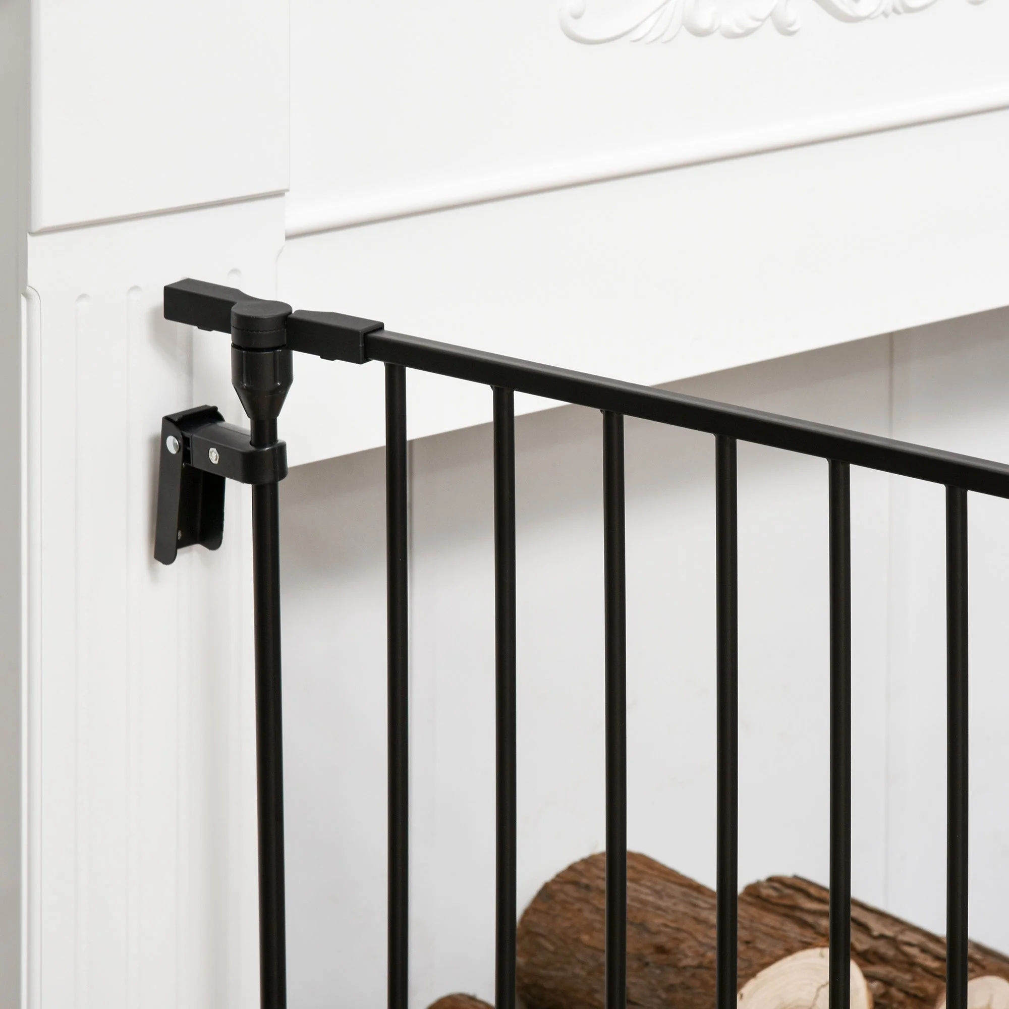 PawHut Pet Safety Gate 3-Panel Playpen Fireplace Christmas Tree Metal Fence Stair Barrier Room Divider with Walk Through Door Automatically Close Lock Black - Image 9