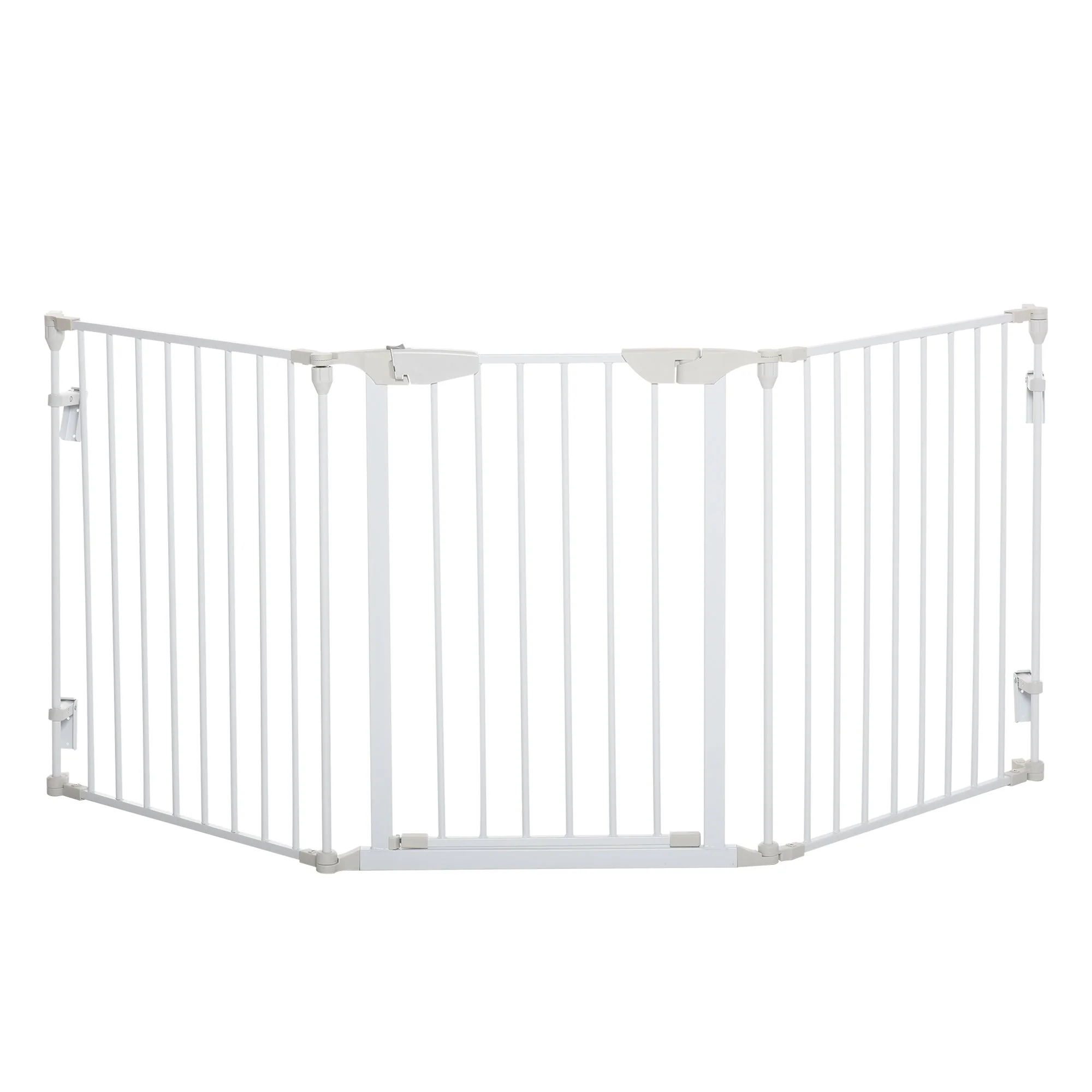 PawHut Pet Safety Gate 3-Panel Playpen Fireplace Christmas Tree Metal Fence Stair Barrier Room Divider with Walk Through Door Automatically Close Lock White - Image 3