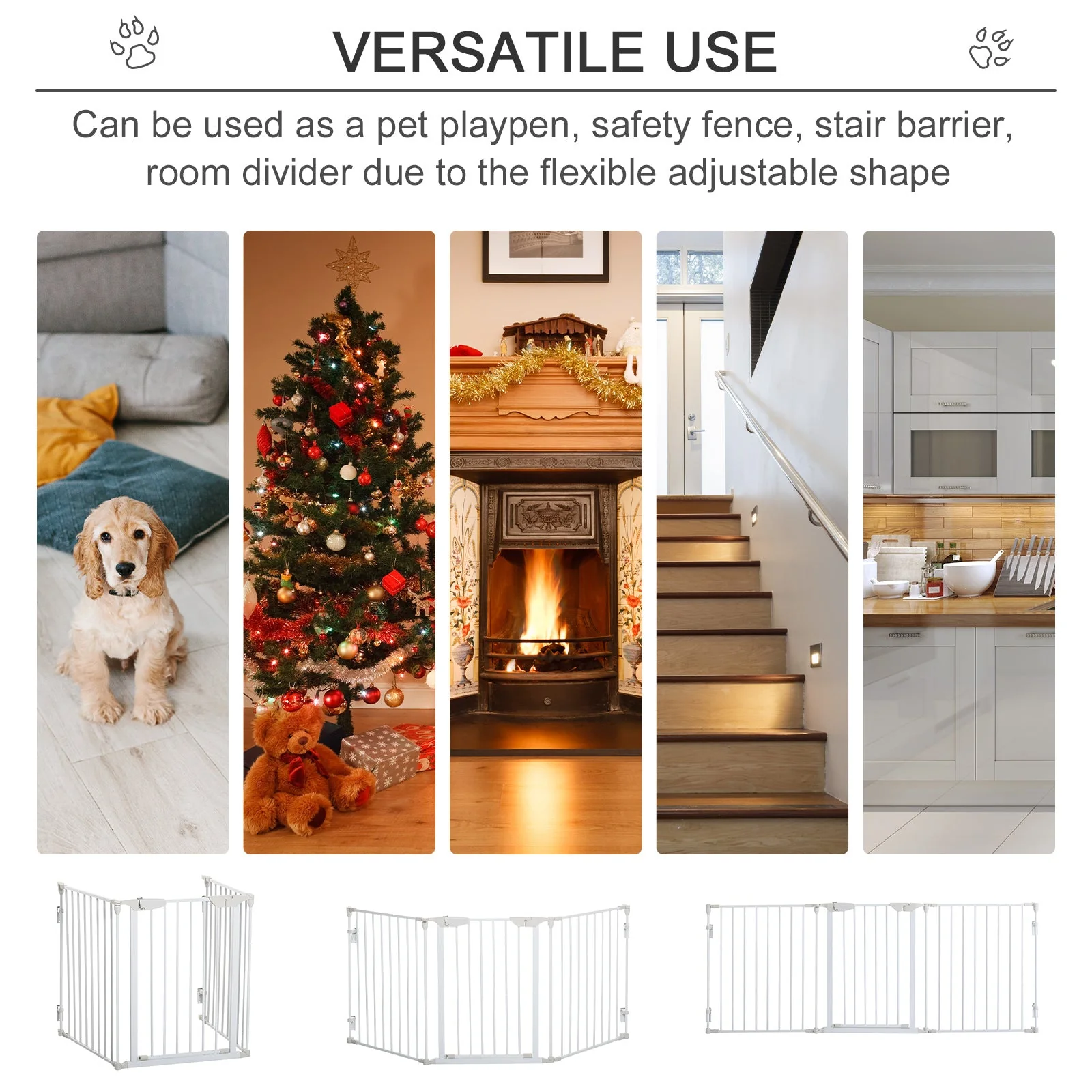 PawHut Pet Safety Gate 3-Panel Playpen Fireplace Christmas Tree Metal Fence Stair Barrier Room Divider with Walk Through Door Automatically Close Lock White - Image 5