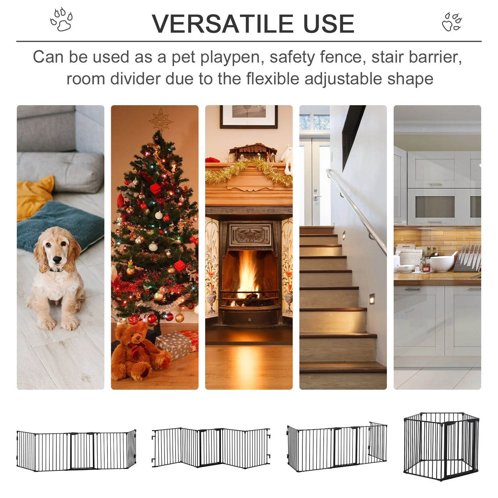 PawHut Pet Safety Gate 5-Panel Playpen Fireplace Christmas Tree Metal Fence Stair Barrier Room Divider with Walk Through Door Automatically Close Lock Black - Image 2