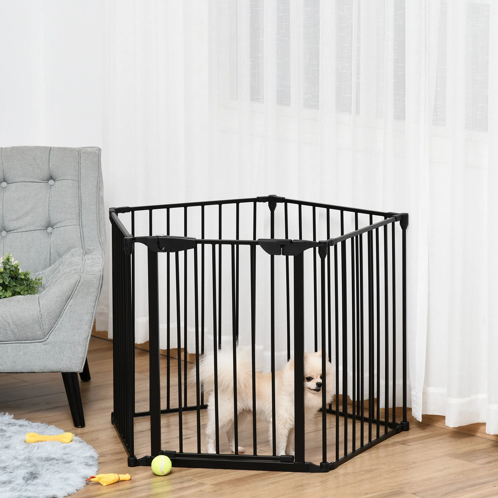 PawHut Pet Safety Gate 5-Panel Playpen Fireplace Christmas Tree Metal Fence Stair Barrier Room Divider with Walk Through Door Automatically Close Lock Black - Image 4