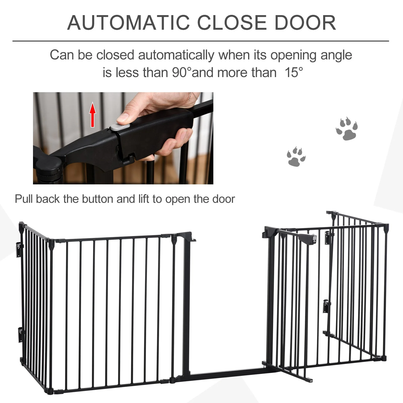 PawHut Pet Safety Gate 5-Panel Playpen Fireplace Christmas Tree Metal Fence Stair Barrier Room Divider with Walk Through Door Automatically Close Lock Black - Image 7