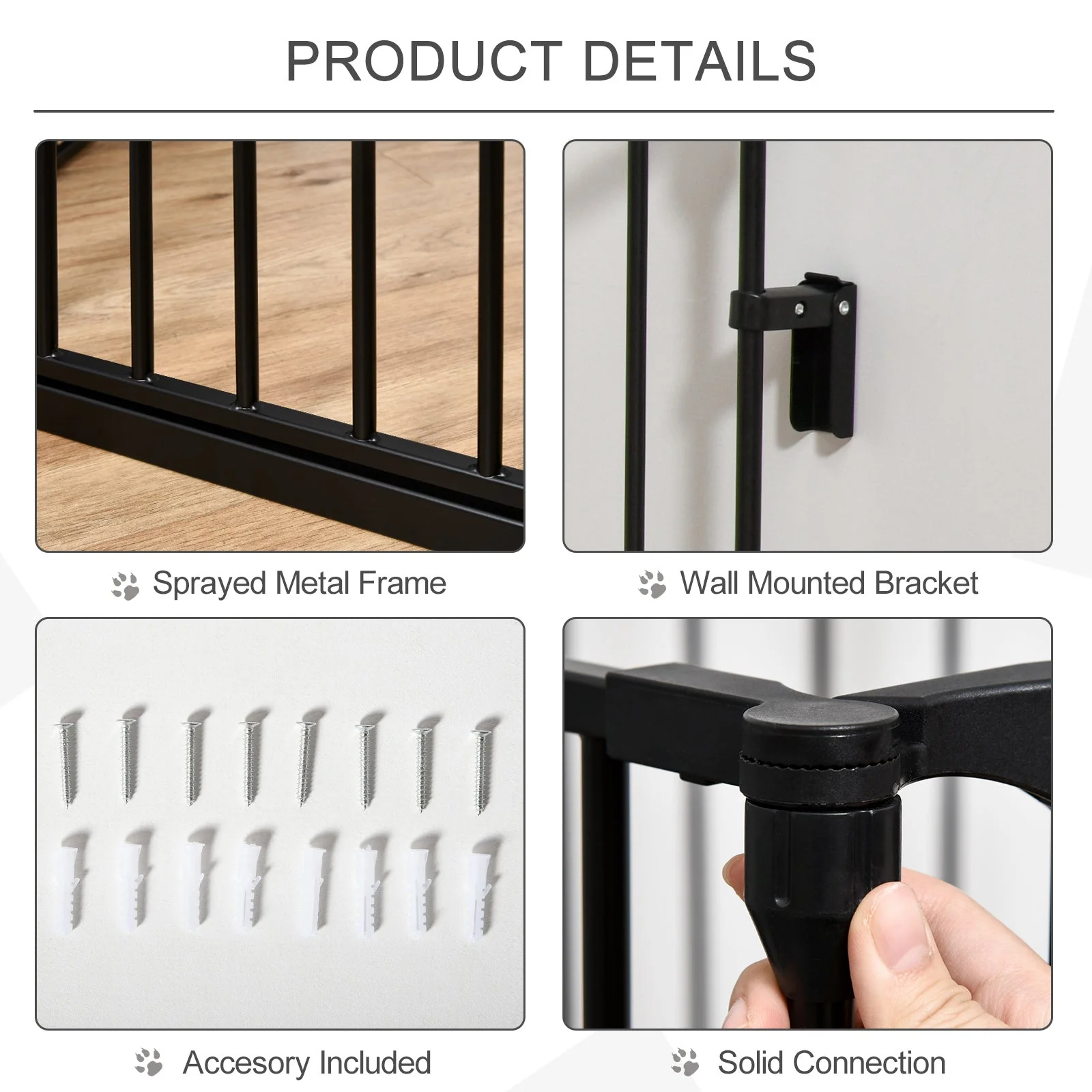 PawHut Pet Safety Gate 5-Panel Playpen Fireplace Christmas Tree Metal Fence Stair Barrier Room Divider with Walk Through Door Automatically Close Lock Black - Image 8