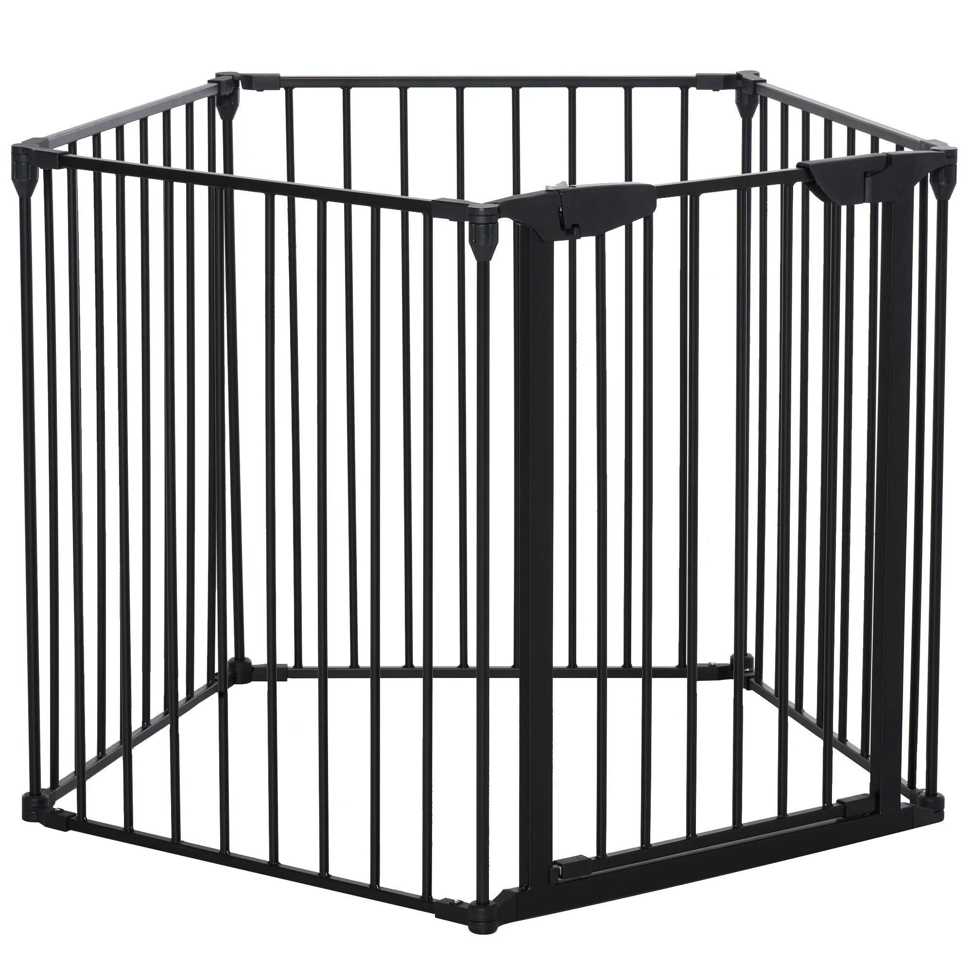 PawHut Pet Safety Gate 5-Panel Playpen Fireplace Christmas Tree Metal Fence Stair Barrier Room Divider with Walk Through Door Automatically Close Lock Black - Image 9