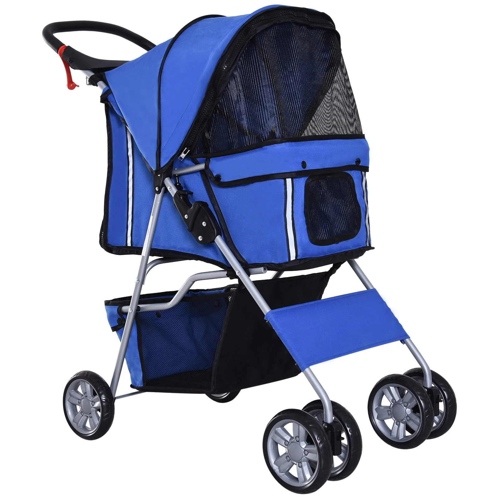 PawHut Pet Stroller for Small Miniature Dogs Cats Foldable Travel Carriage with Wheels Zipper Entry Cup Holder Storage Basket Blue - Image 2