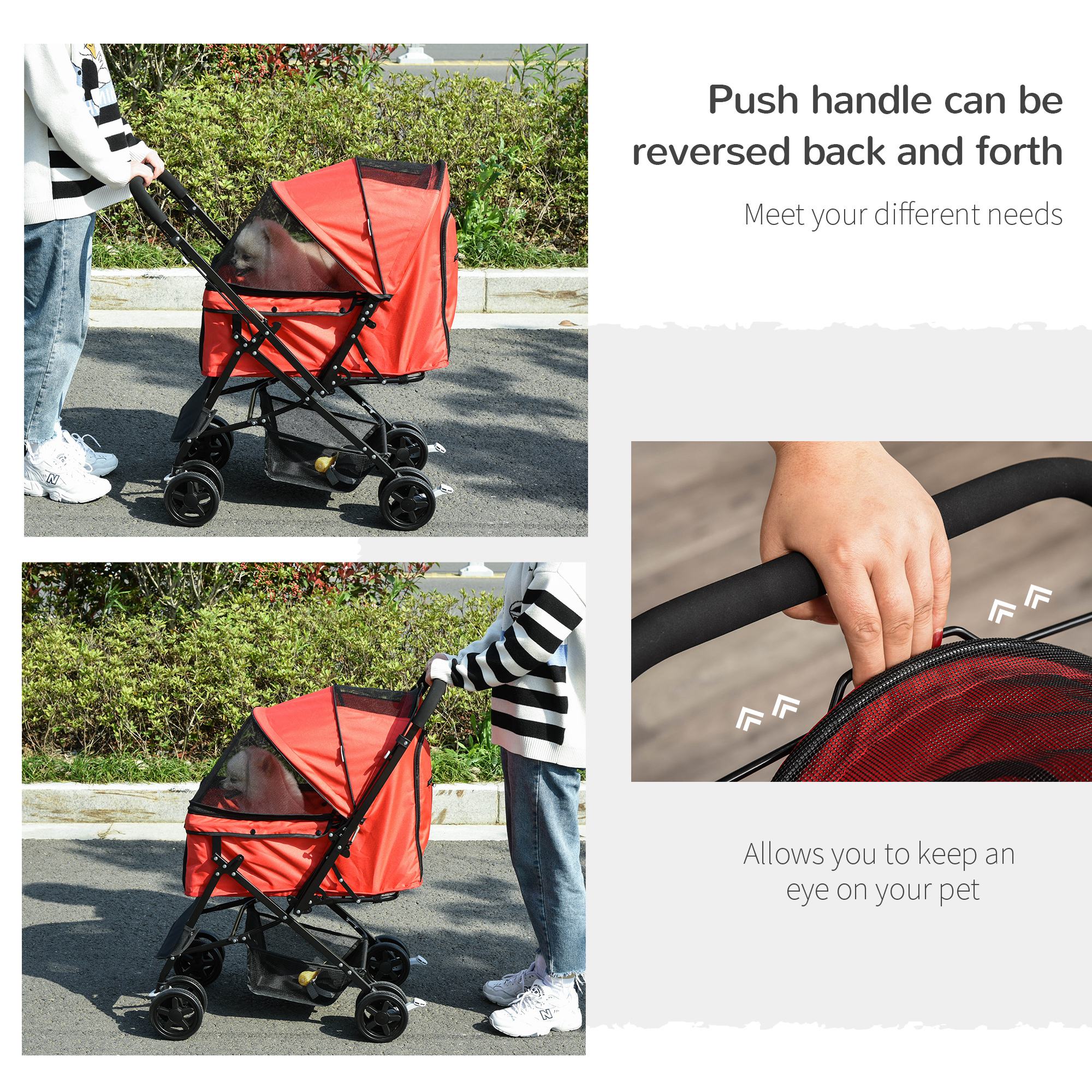 PawHut Pet Stroller Pushchair Foldable Travel Dog Cat Carriage w/ Reversible Handle Brake Basket - Image 2