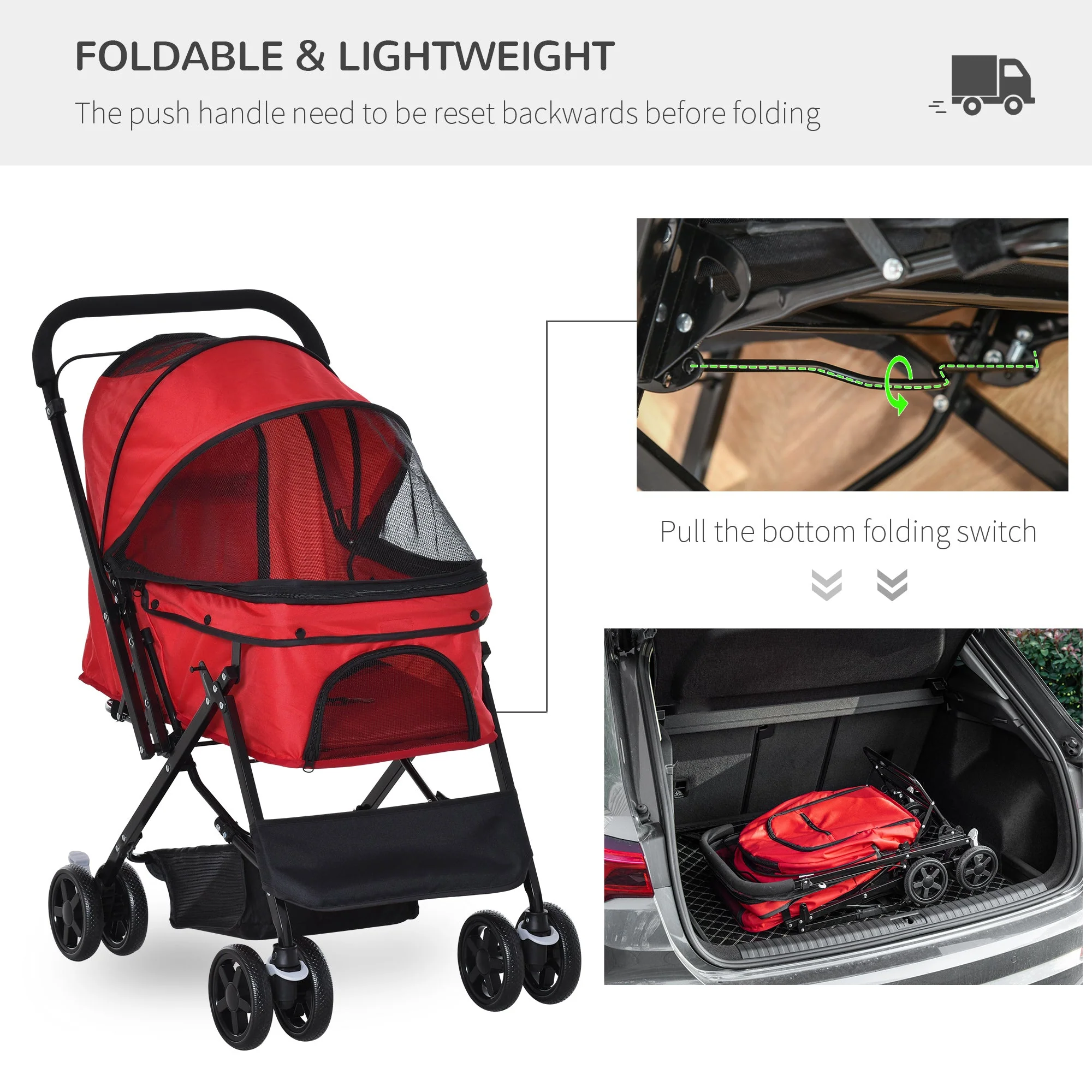 PawHut Pet Stroller Pushchair Foldable Travel Dog Cat Carriage w/ Reversible Handle Brake Basket - Image 6