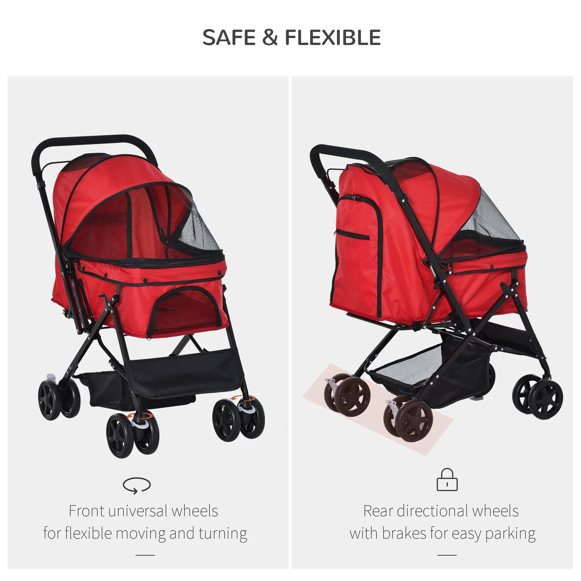 PawHut Pet Stroller Pushchair Foldable Travel Dog Cat Carriage w/ Reversible Handle Brake Basket - Image 9