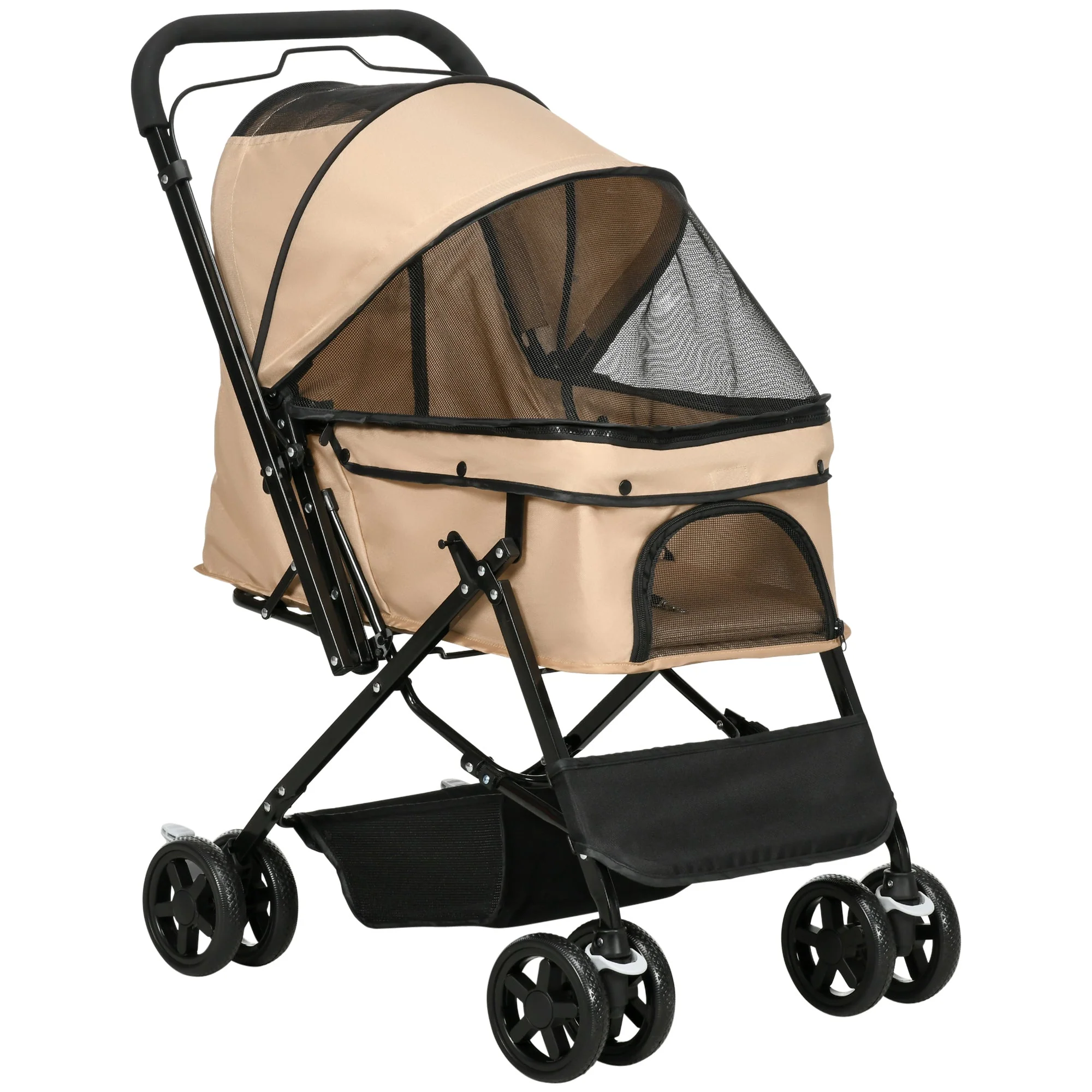 PawHut Pet Stroller Pushchair Foldable Travel Dog Cat Carriage w/ Reversible Handle Brake Basket - Image 3