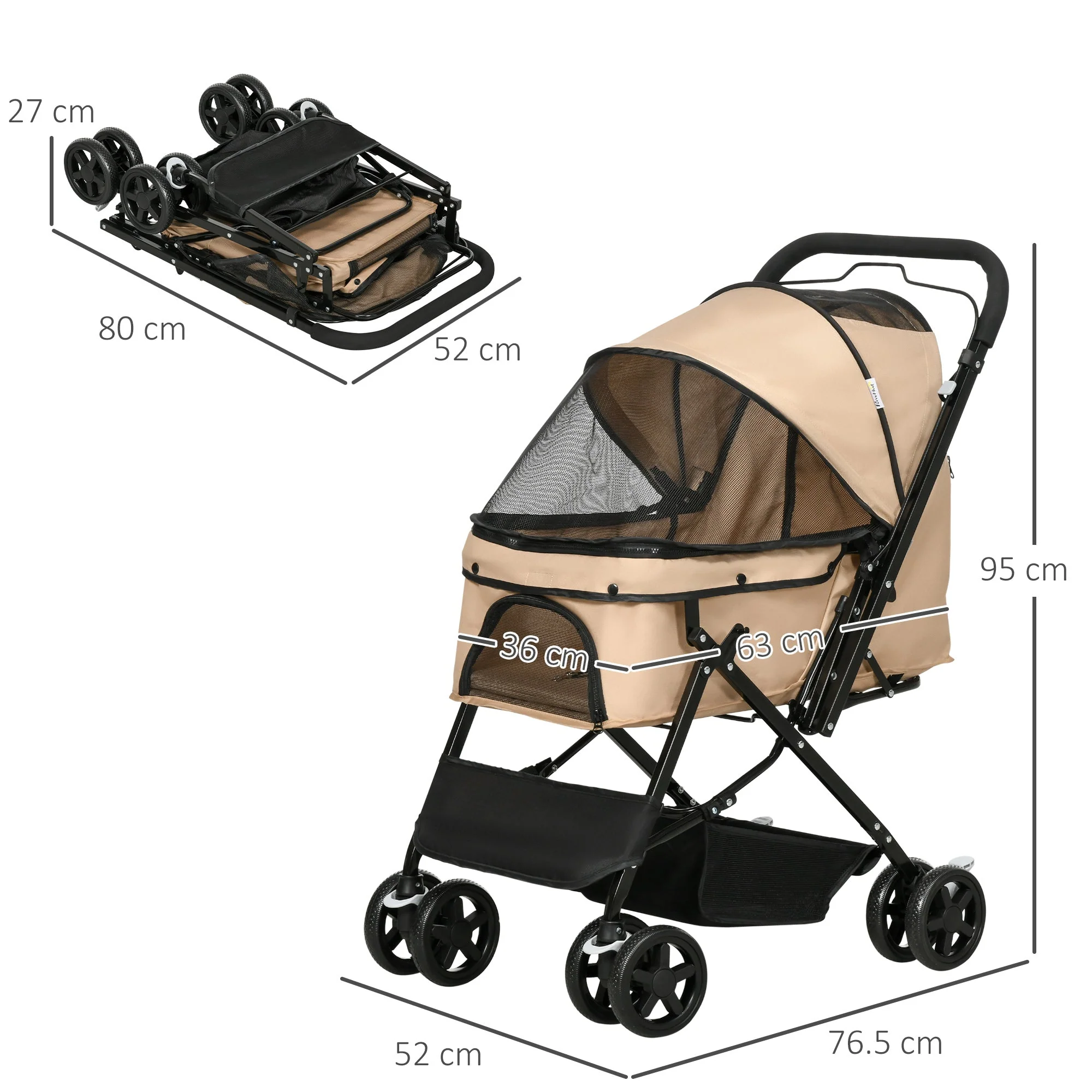 PawHut Pet Stroller Pushchair Foldable Travel Dog Cat Carriage w/ Reversible Handle Brake Basket - Image 4