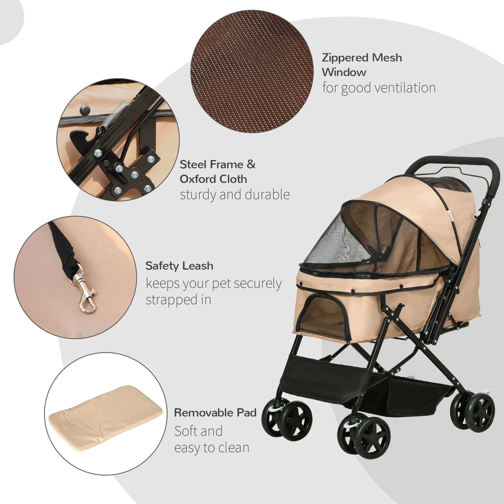 PawHut Pet Stroller Pushchair Foldable Travel Dog Cat Carriage w/ Reversible Handle Brake Basket - Image 9