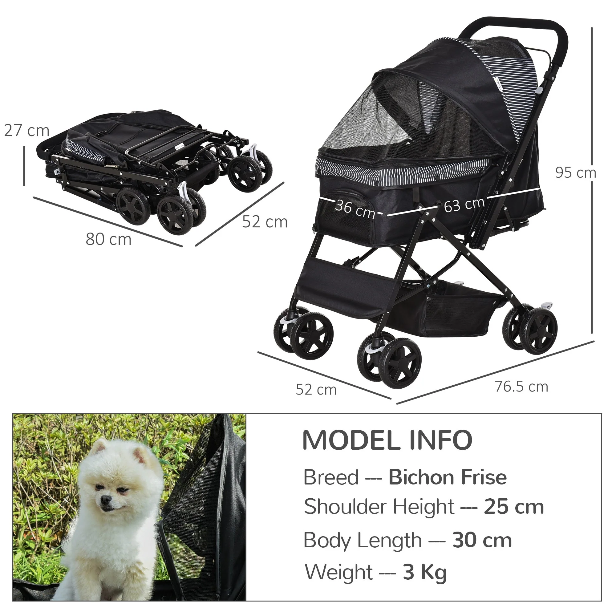 PawHut Pet Stroller Pushchair Foldable Travel Dog Cat Carriage w/ Reversible Handle Brake Basket - Image 2