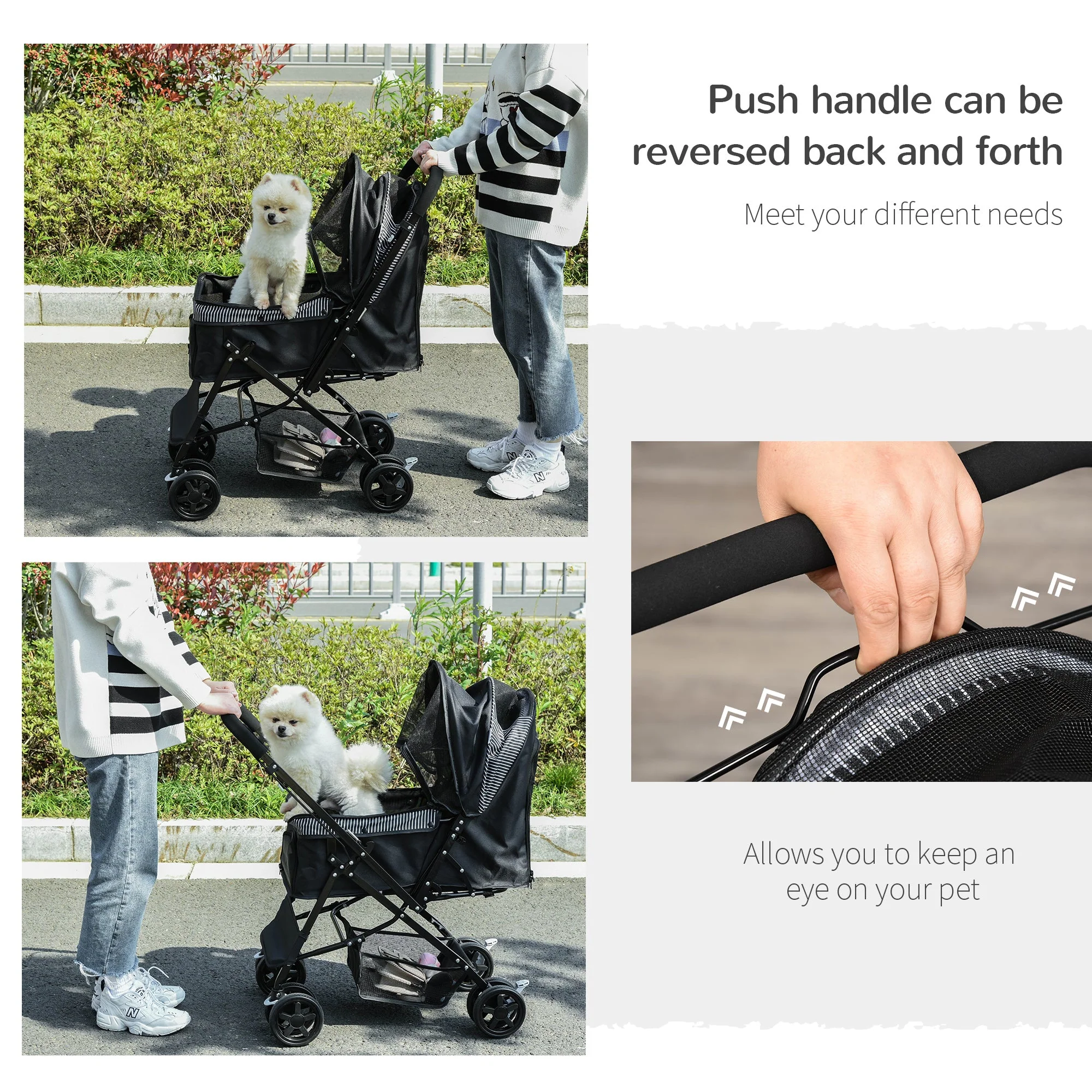 PawHut Pet Stroller Pushchair Foldable Travel Dog Cat Carriage w/ Reversible Handle Brake Basket - Image 7