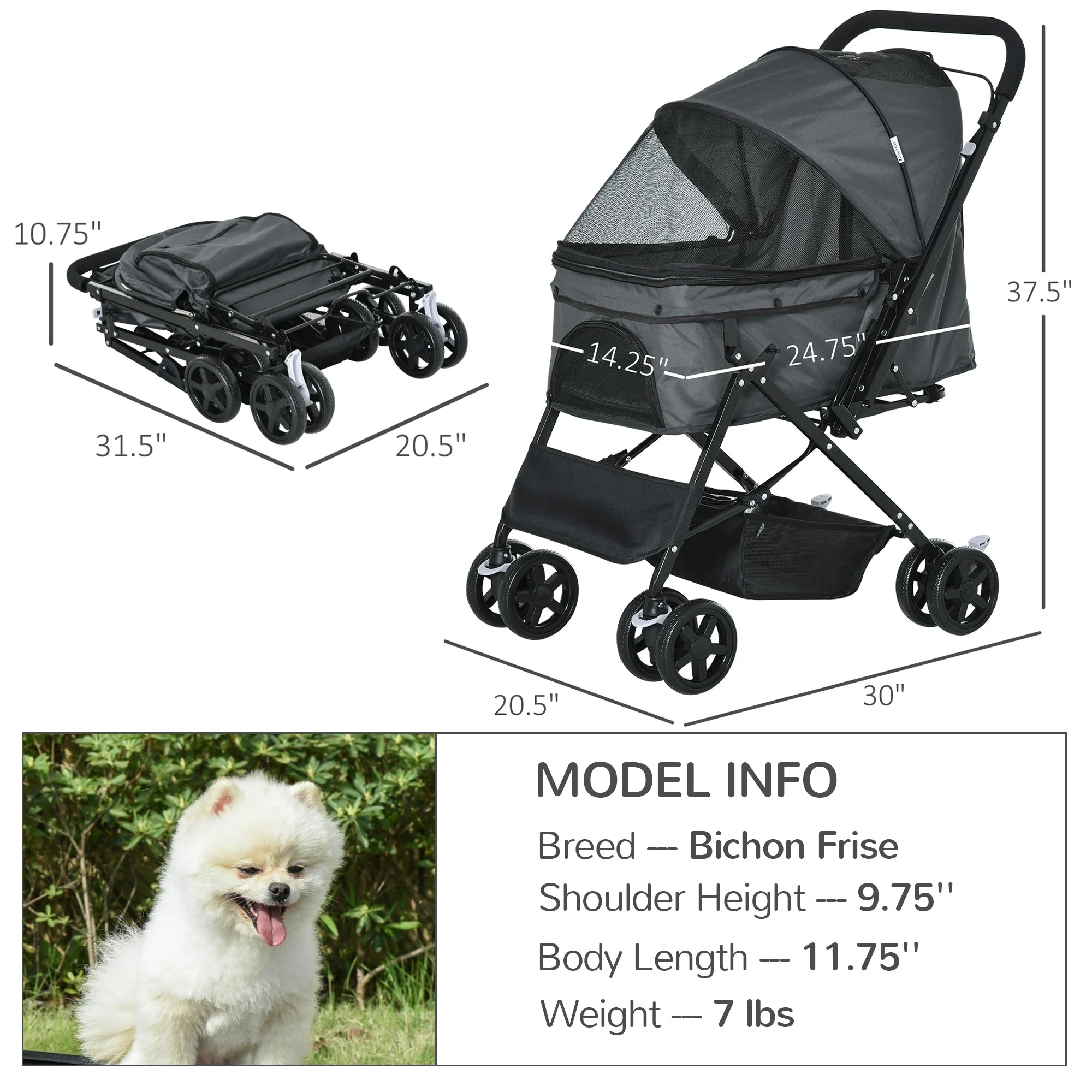 Pawhut Pet Stroller Pushchair Foldable Travel Dog Cat Carriage With Reversible Handle Brake Basket - Image 2