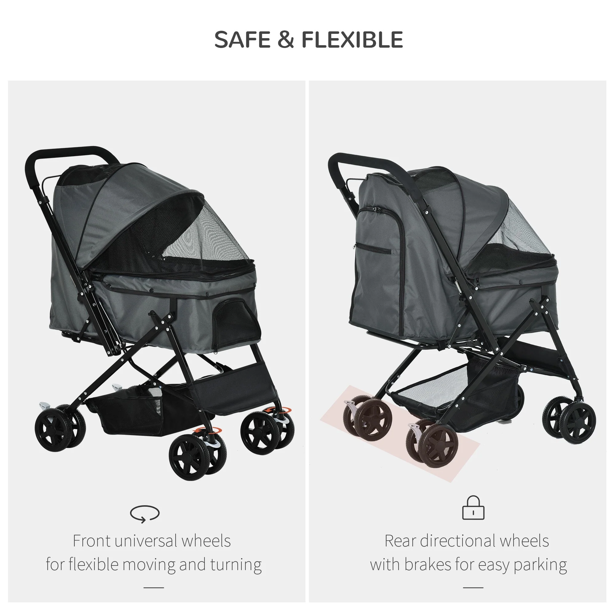 Pawhut Pet Stroller Pushchair Foldable Travel Dog Cat Carriage With Reversible Handle Brake Basket - Image 3