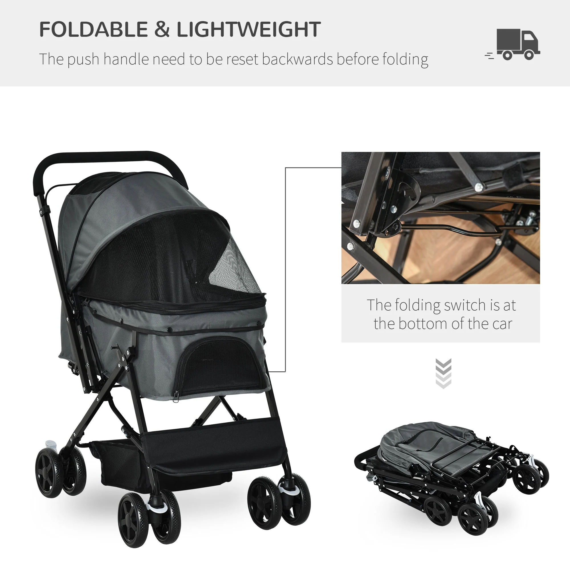 Pawhut Pet Stroller Pushchair Foldable Travel Dog Cat Carriage With Reversible Handle Brake Basket - Image 4