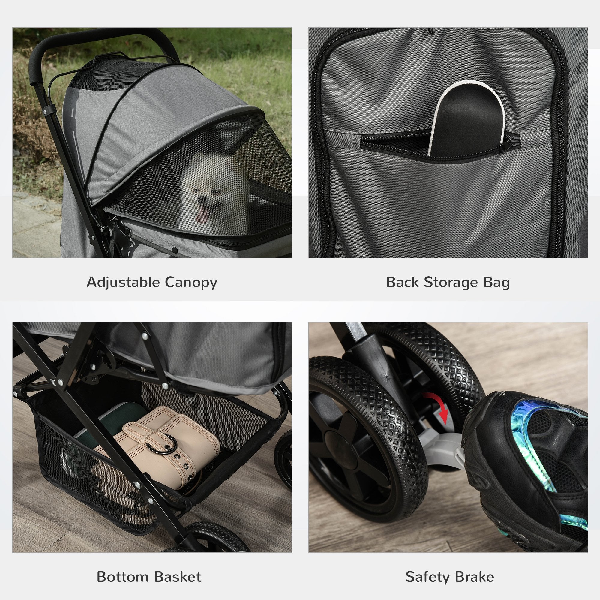 Pawhut Pet Stroller Pushchair Foldable Travel Dog Cat Carriage With Reversible Handle Brake Basket - Image 7