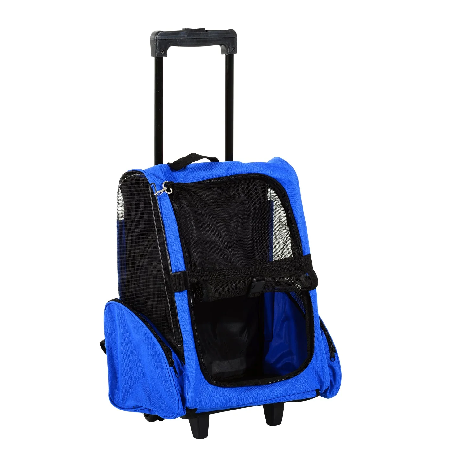 PawHut Pet Travel Backpack Bag Cat Puppy Dog Carrier w/ Trolley and Telescopic Handle Portable Stroller Wheel Luggage Bag Blue - Image 2