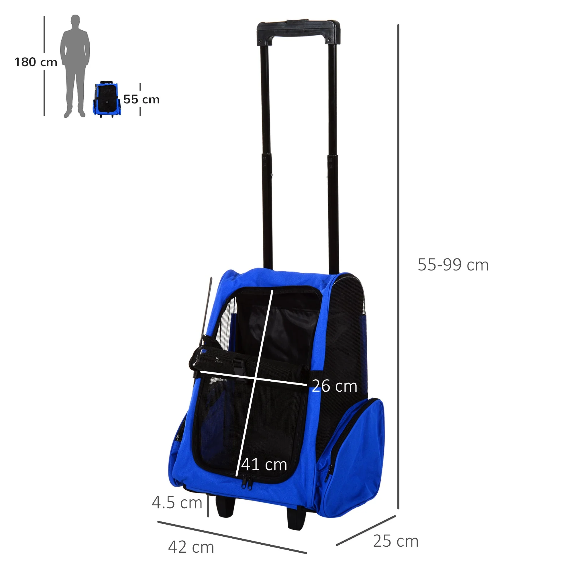 PawHut Pet Travel Backpack Bag Cat Puppy Dog Carrier w/ Trolley and Telescopic Handle Portable Stroller Wheel Luggage Bag Blue - Image 3