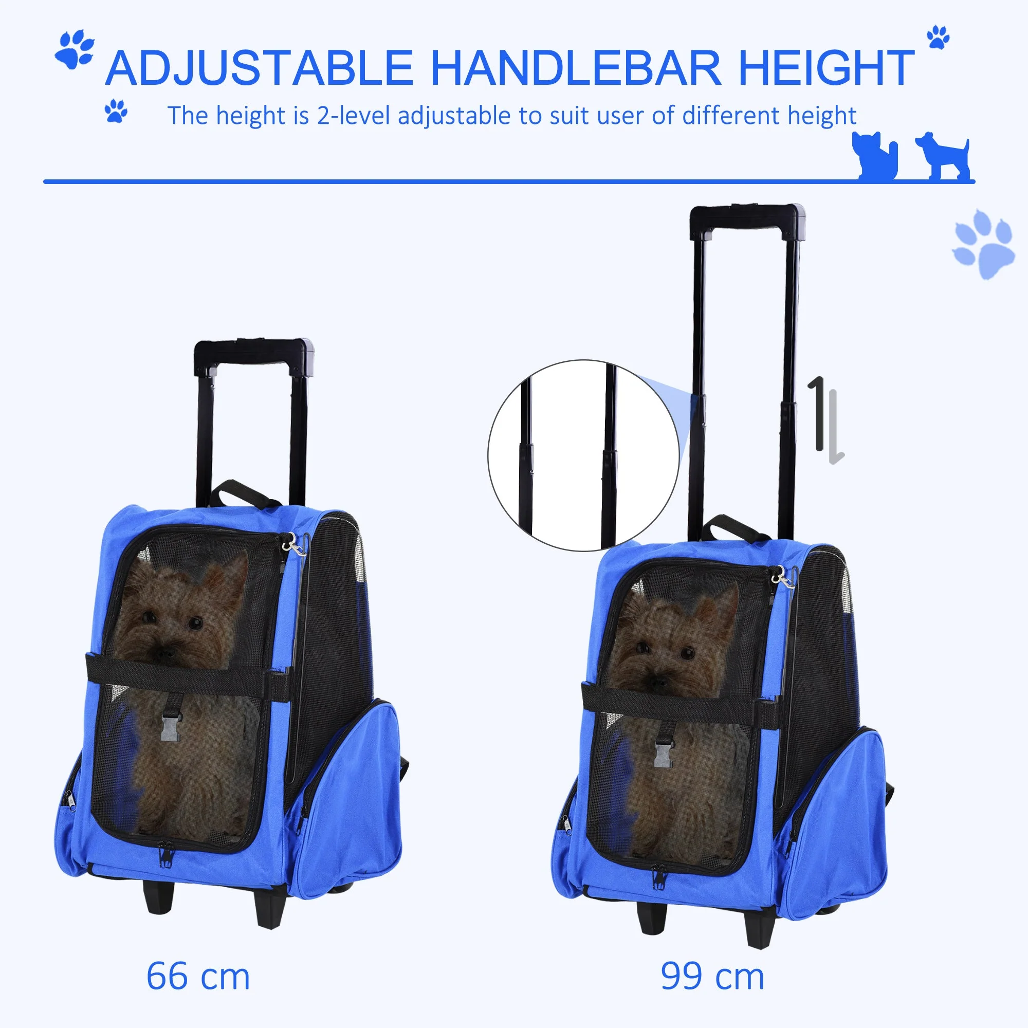 PawHut Pet Travel Backpack Bag Cat Puppy Dog Carrier w/ Trolley and Telescopic Handle Portable Stroller Wheel Luggage Bag Blue - Image 5