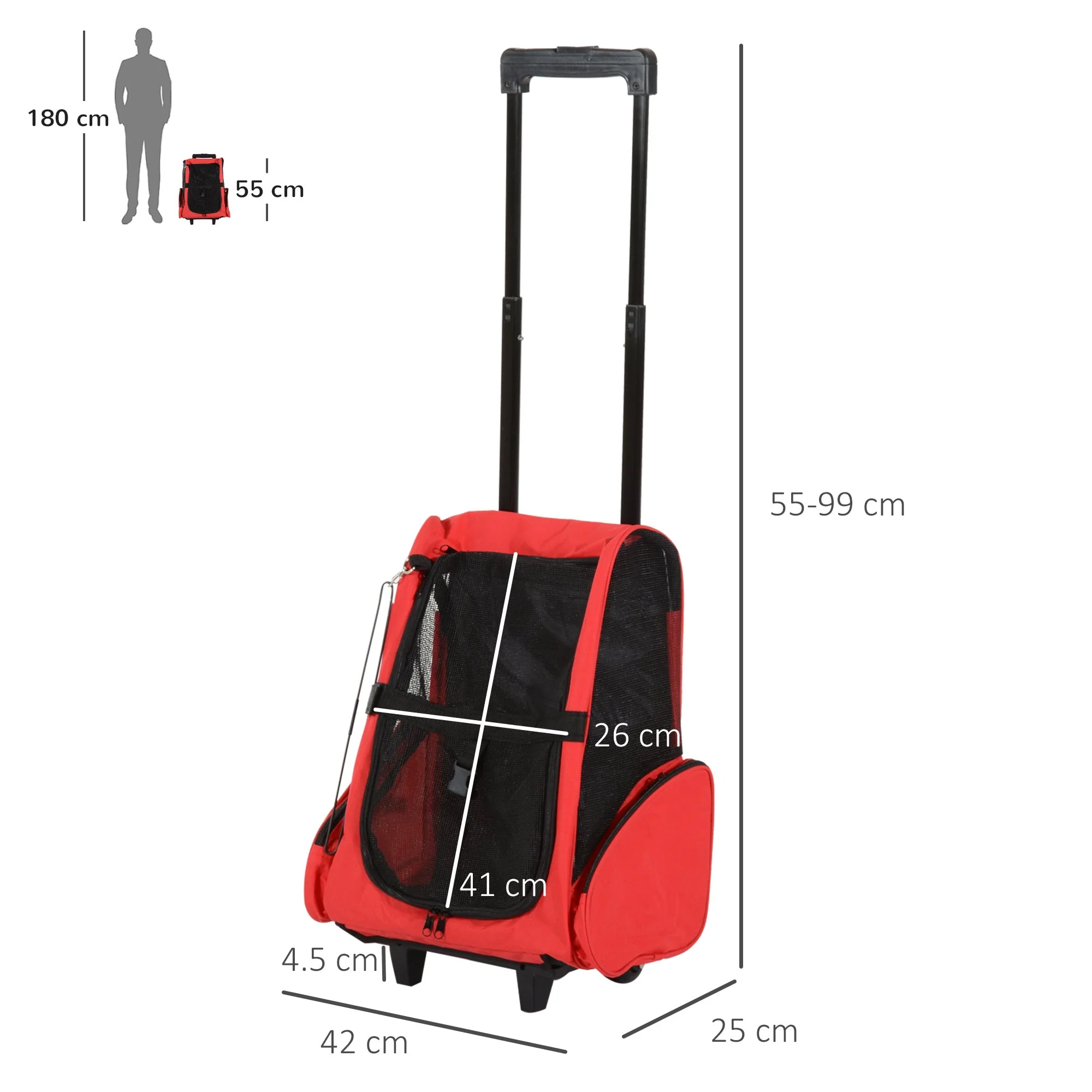PawHut Pet Travel Backpack Bag Cat Puppy Dog Carrier w/ Trolley and Telescopic Handle Portable Stroller Wheel Luggage Bag (Red) - Image 3