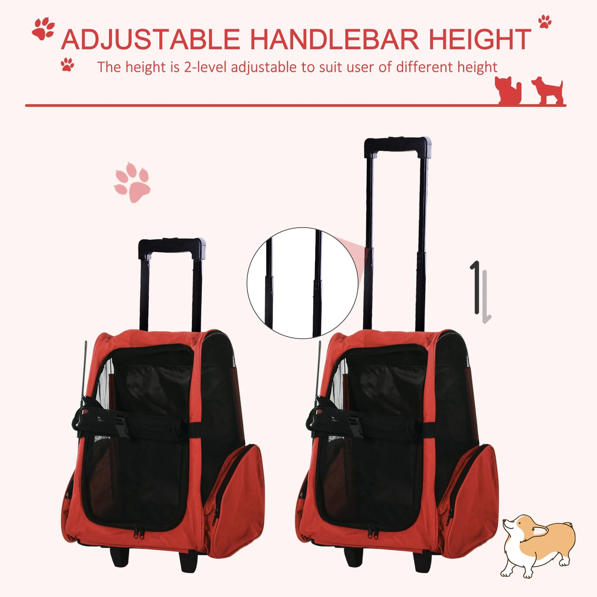 PawHut Pet Travel Backpack Bag Cat Puppy Dog Carrier w/ Trolley and Telescopic Handle Portable Stroller Wheel Luggage Bag (Red) - Image 5