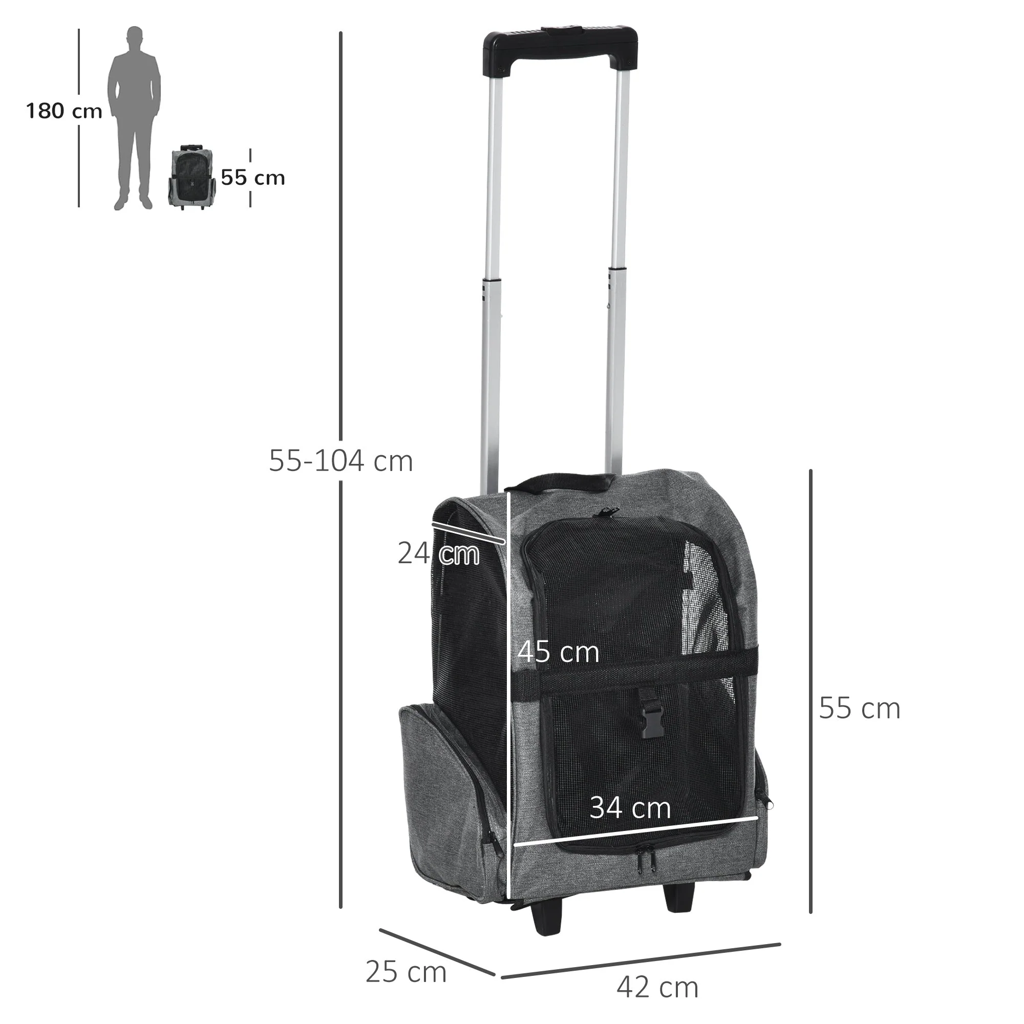 PawHut Pet Travel Backpack Bag Cat Puppy Dog Carrier w/ Trolley and Telescopic Wheel - Image 3