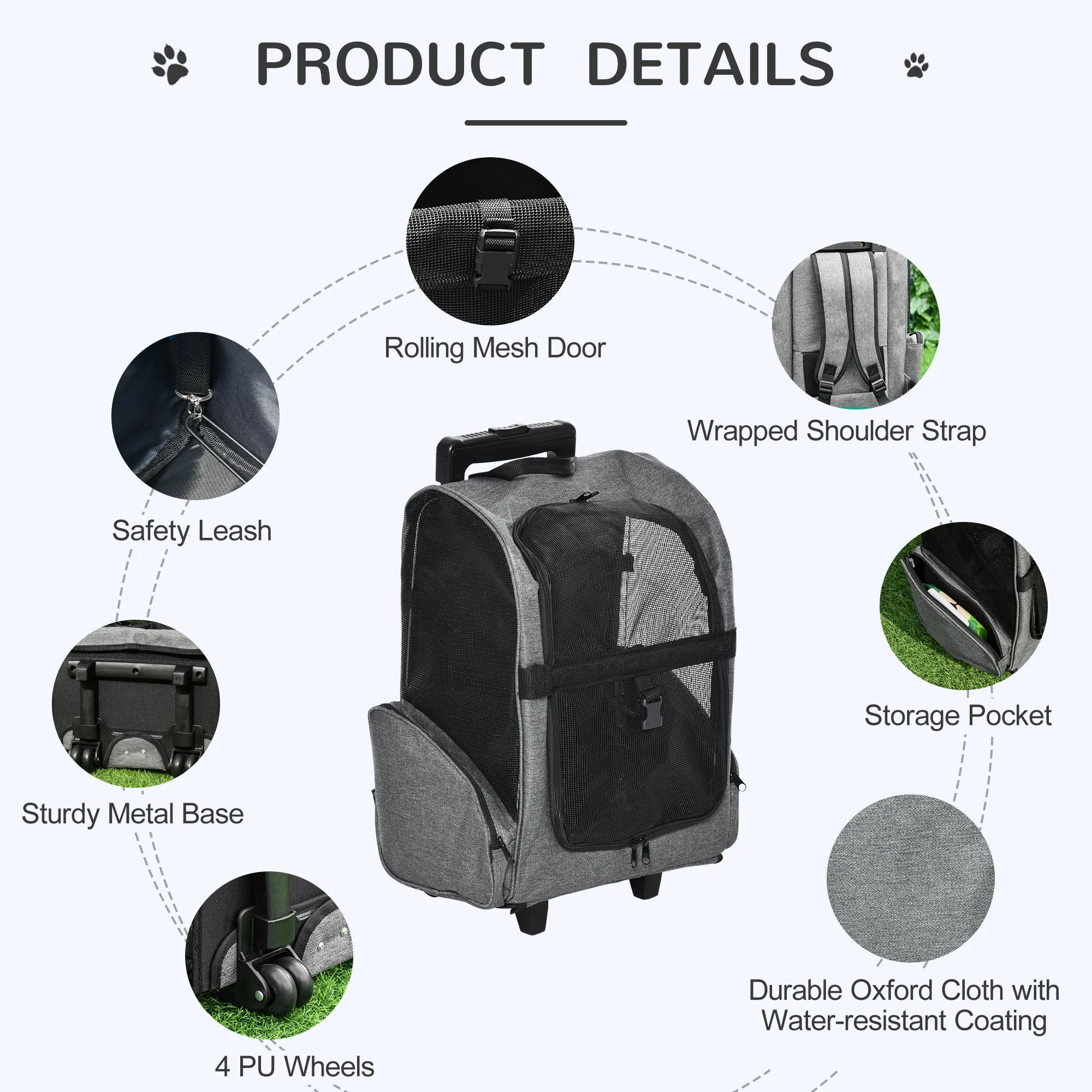 PawHut Pet Travel Backpack Bag Cat Puppy Dog Carrier w/ Trolley and Telescopic Wheel - Image 6