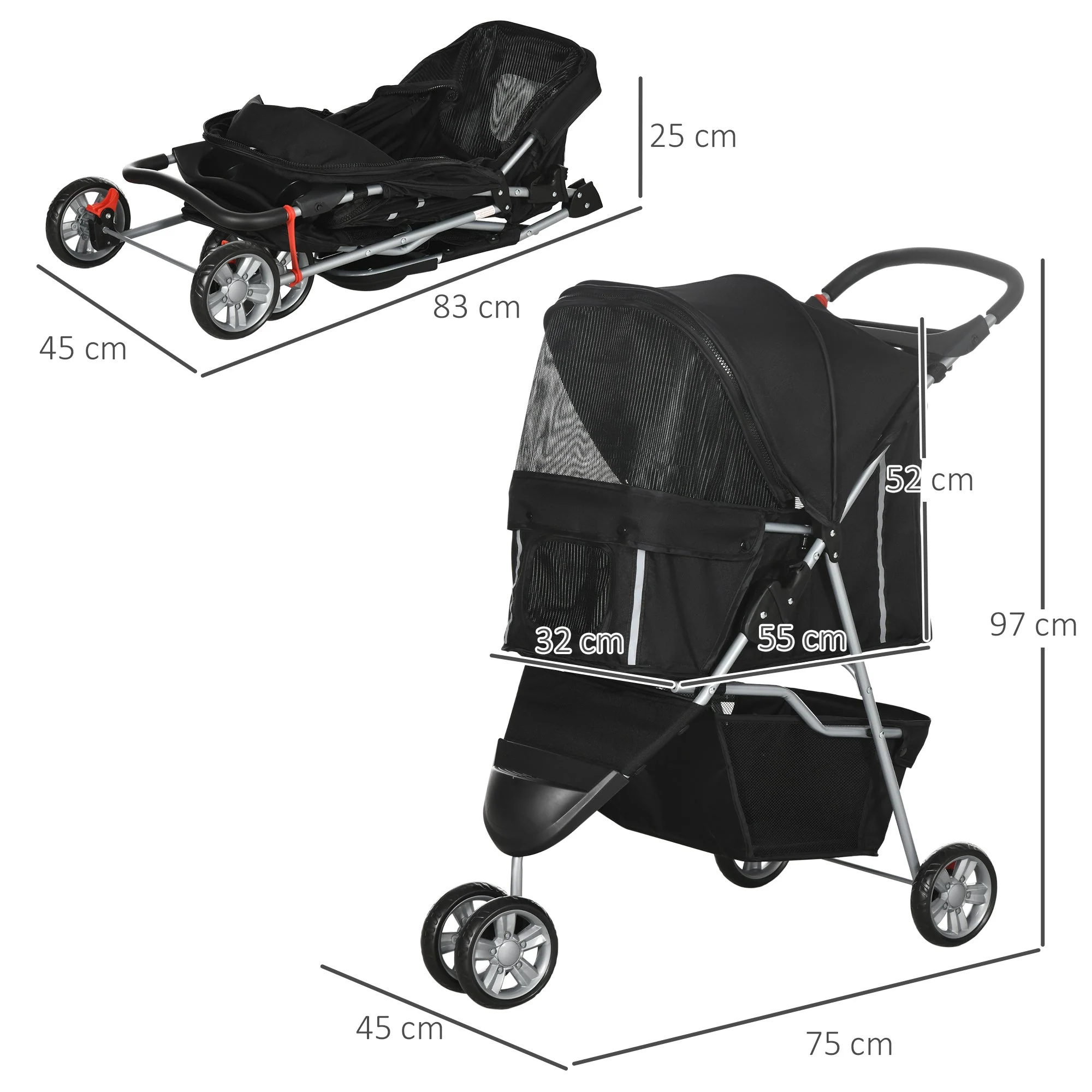 PawHut Pet Travel Stroller Cat Dog Pushchair Trolley Puppy Jogger Carrier Three Wheels for Small Miniature DogsBlack - Image 3