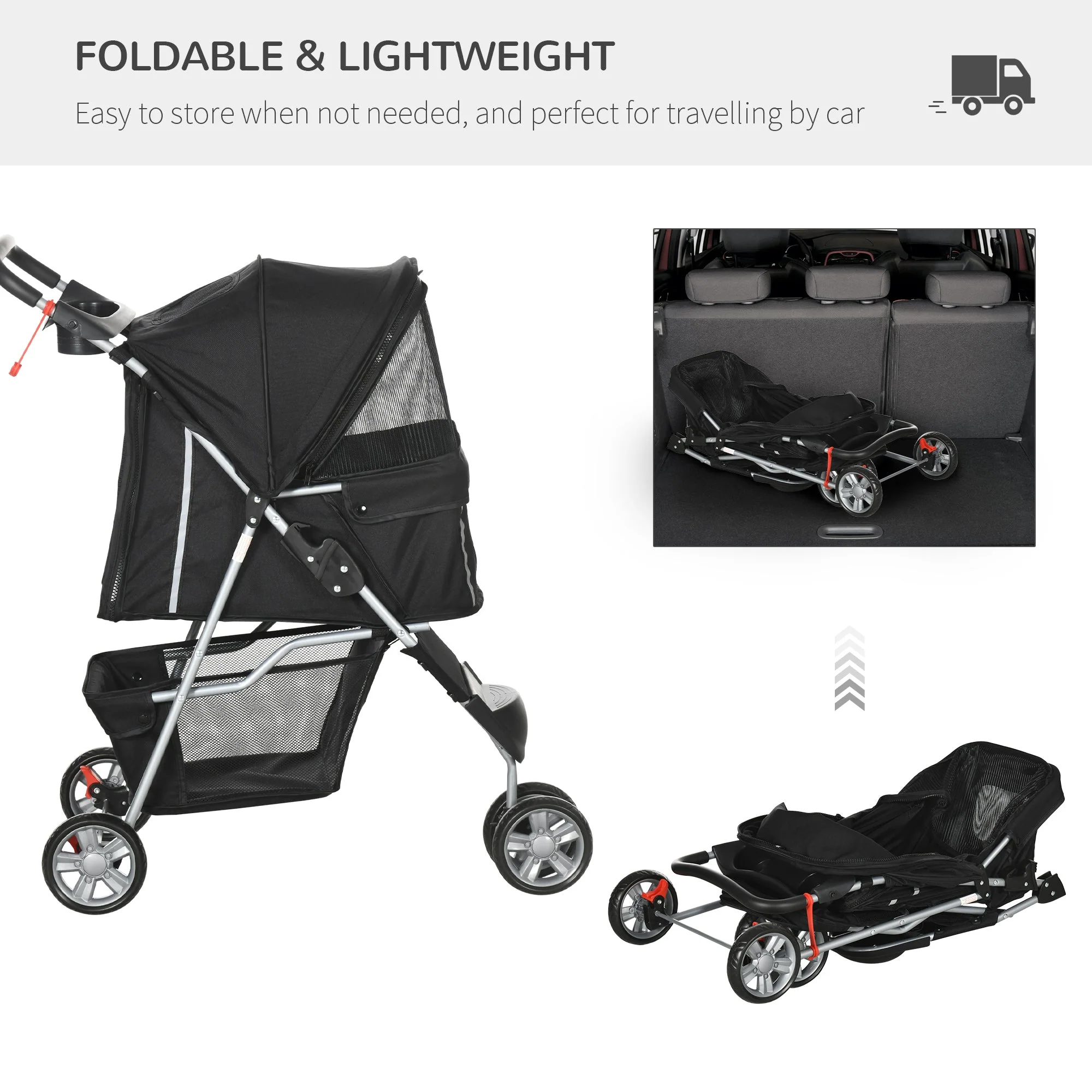 PawHut Pet Travel Stroller Cat Dog Pushchair Trolley Puppy Jogger Carrier Three Wheels for Small Miniature DogsBlack - Image 4