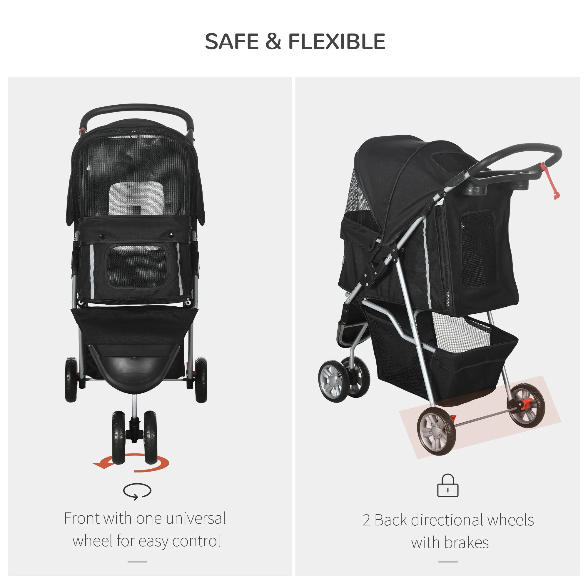 PawHut Pet Travel Stroller Cat Dog Pushchair Trolley Puppy Jogger Carrier Three Wheels for Small Miniature DogsBlack - Image 5
