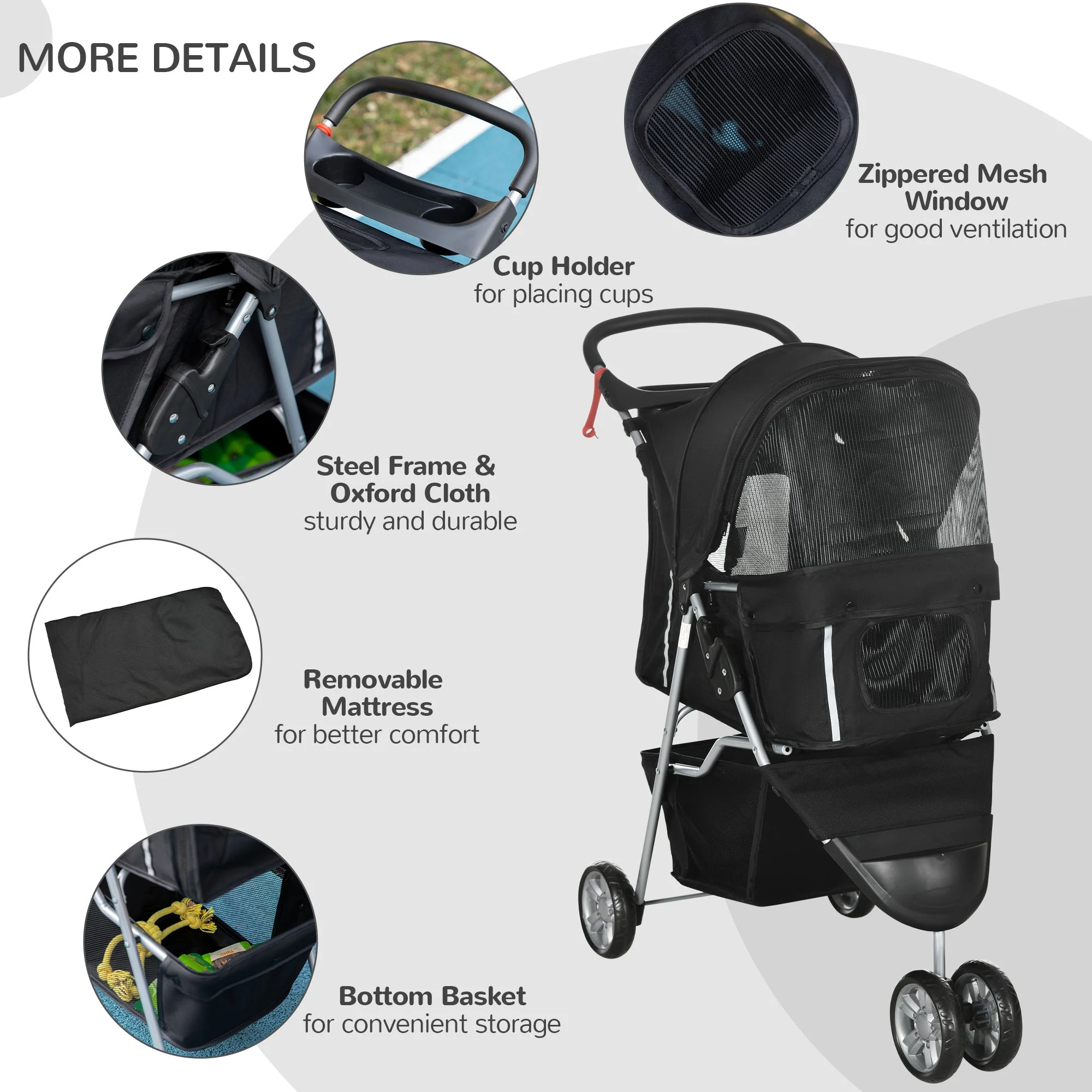 PawHut Pet Travel Stroller Cat Dog Pushchair Trolley Puppy Jogger Carrier Three Wheels for Small Miniature DogsBlack - Image 7