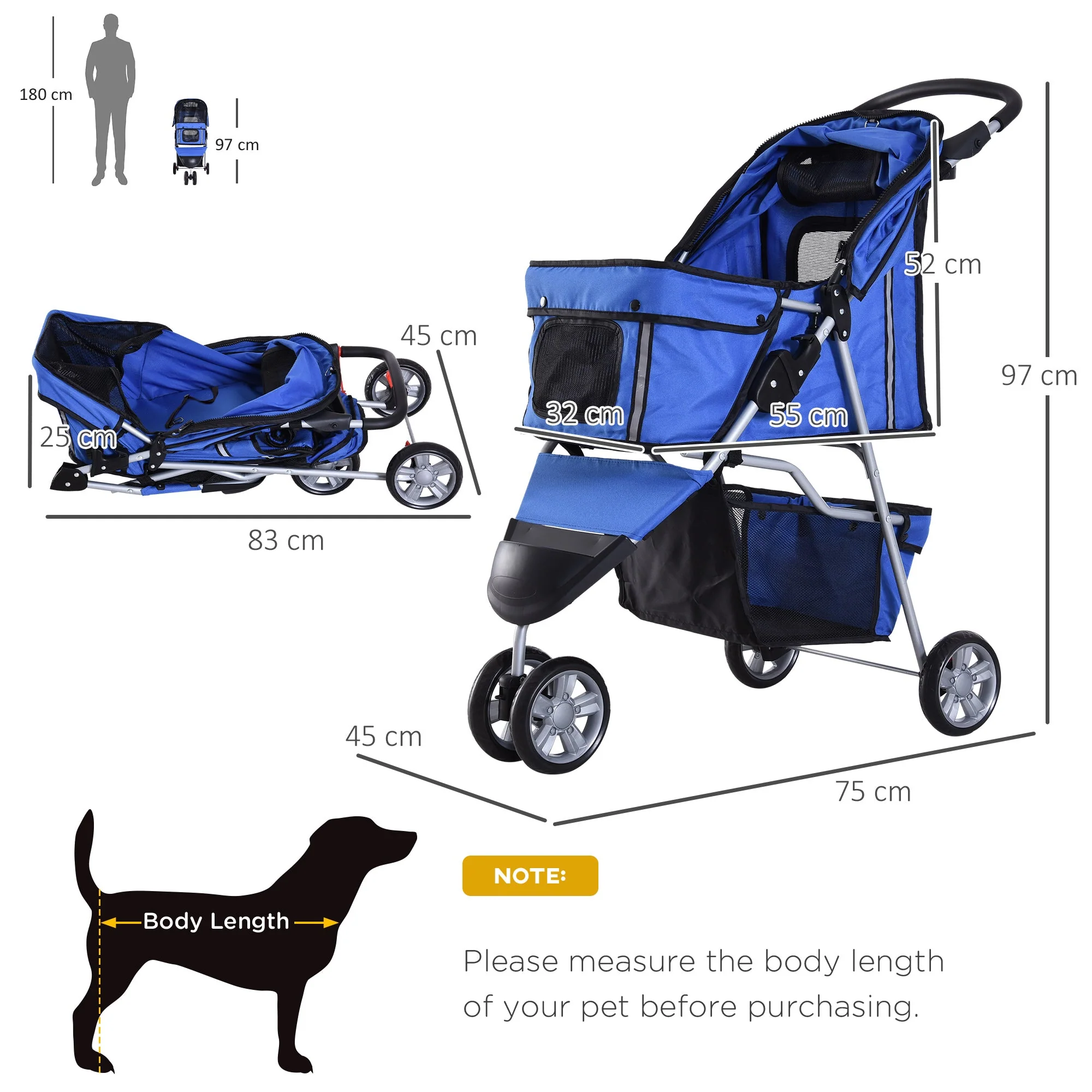 PawHut Pet Travel Stroller Cat Dog Pushchair Trolley Puppy Jogger Carrier Three Wheels for Small Miniature DogsBlue - Image 3