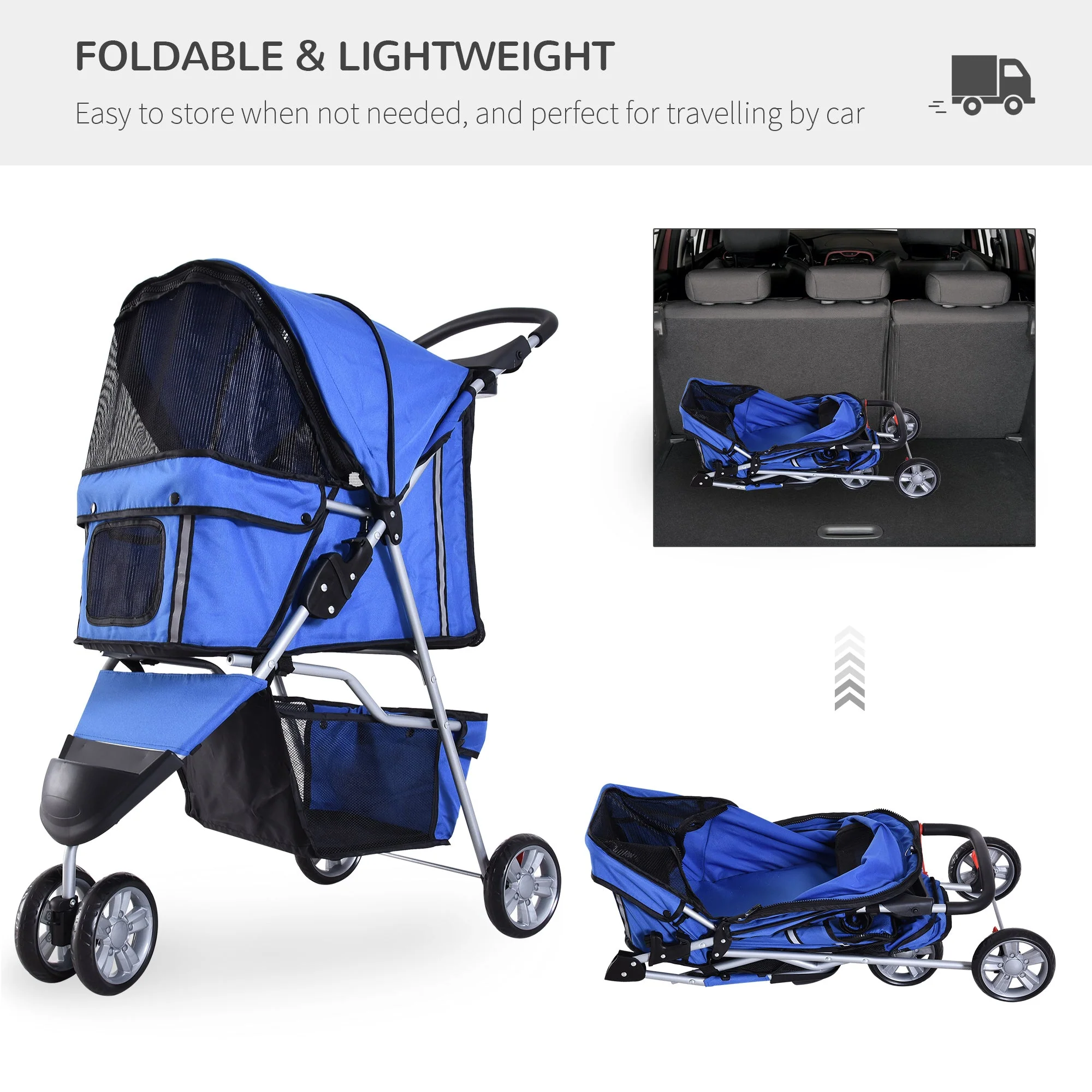 PawHut Pet Travel Stroller Cat Dog Pushchair Trolley Puppy Jogger Carrier Three Wheels for Small Miniature DogsBlue - Image 4