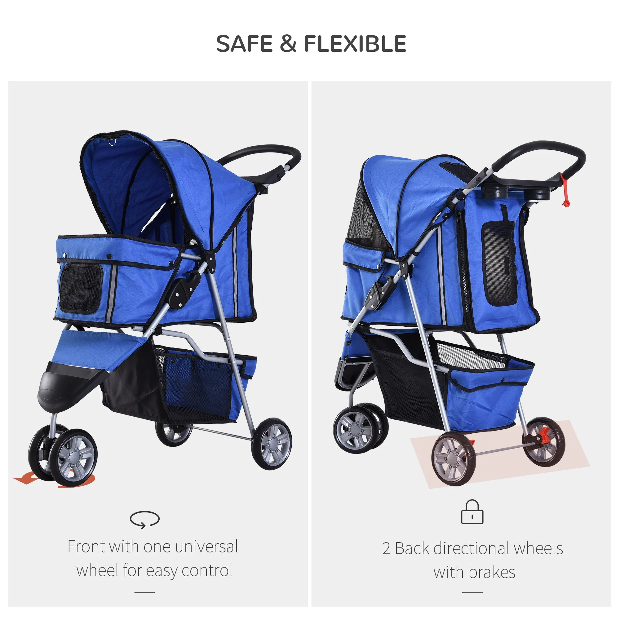 PawHut Pet Travel Stroller Cat Dog Pushchair Trolley Puppy Jogger Carrier Three Wheels for Small Miniature DogsBlue - Image 5