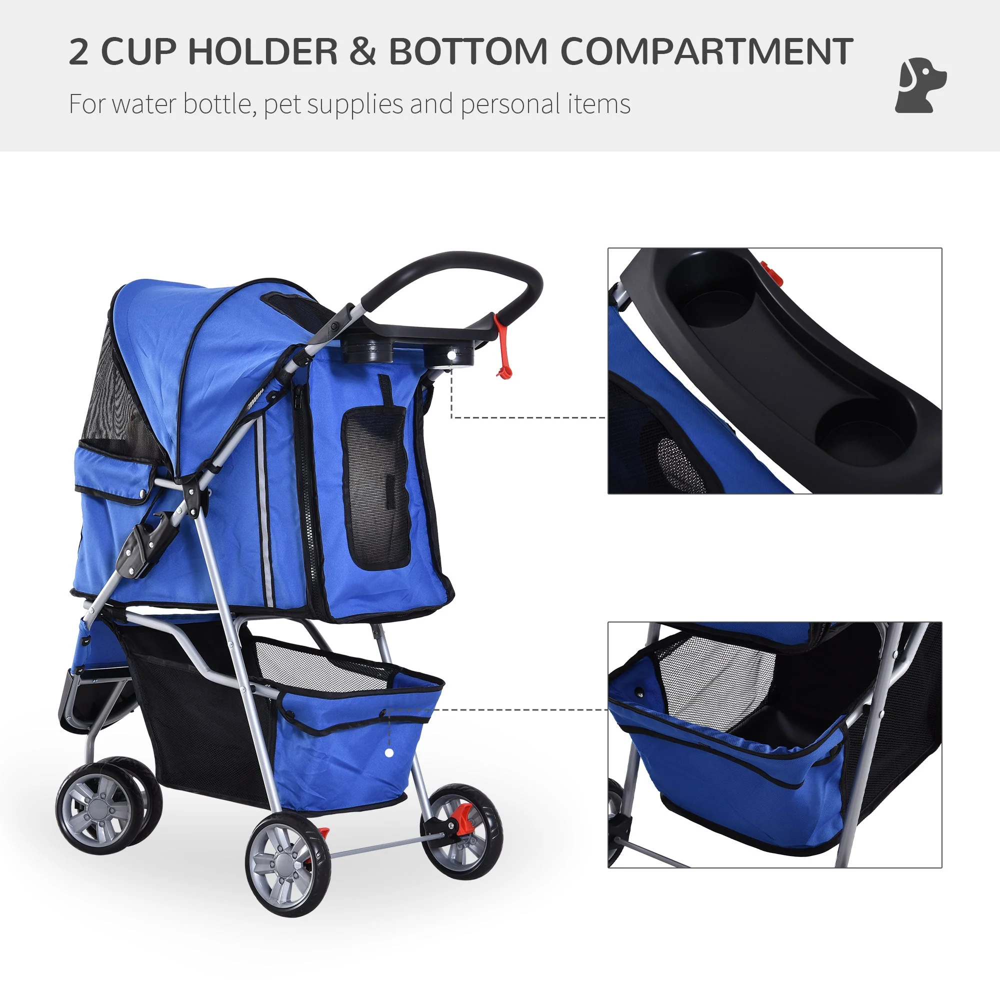 PawHut Pet Travel Stroller Cat Dog Pushchair Trolley Puppy Jogger Carrier Three Wheels for Small Miniature DogsBlue - Image 6