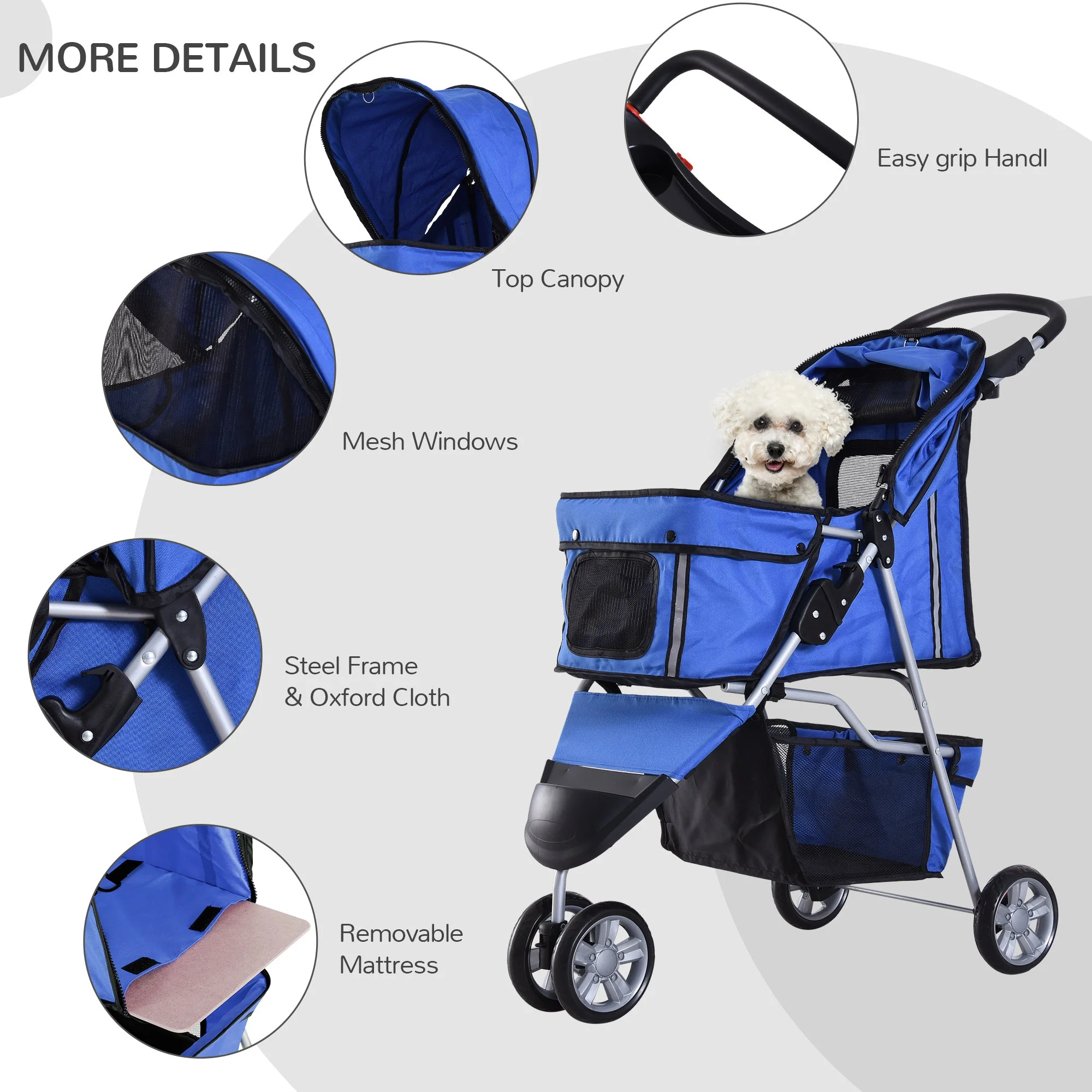 PawHut Pet Travel Stroller Cat Dog Pushchair Trolley Puppy Jogger Carrier Three Wheels for Small Miniature DogsBlue - Image 8