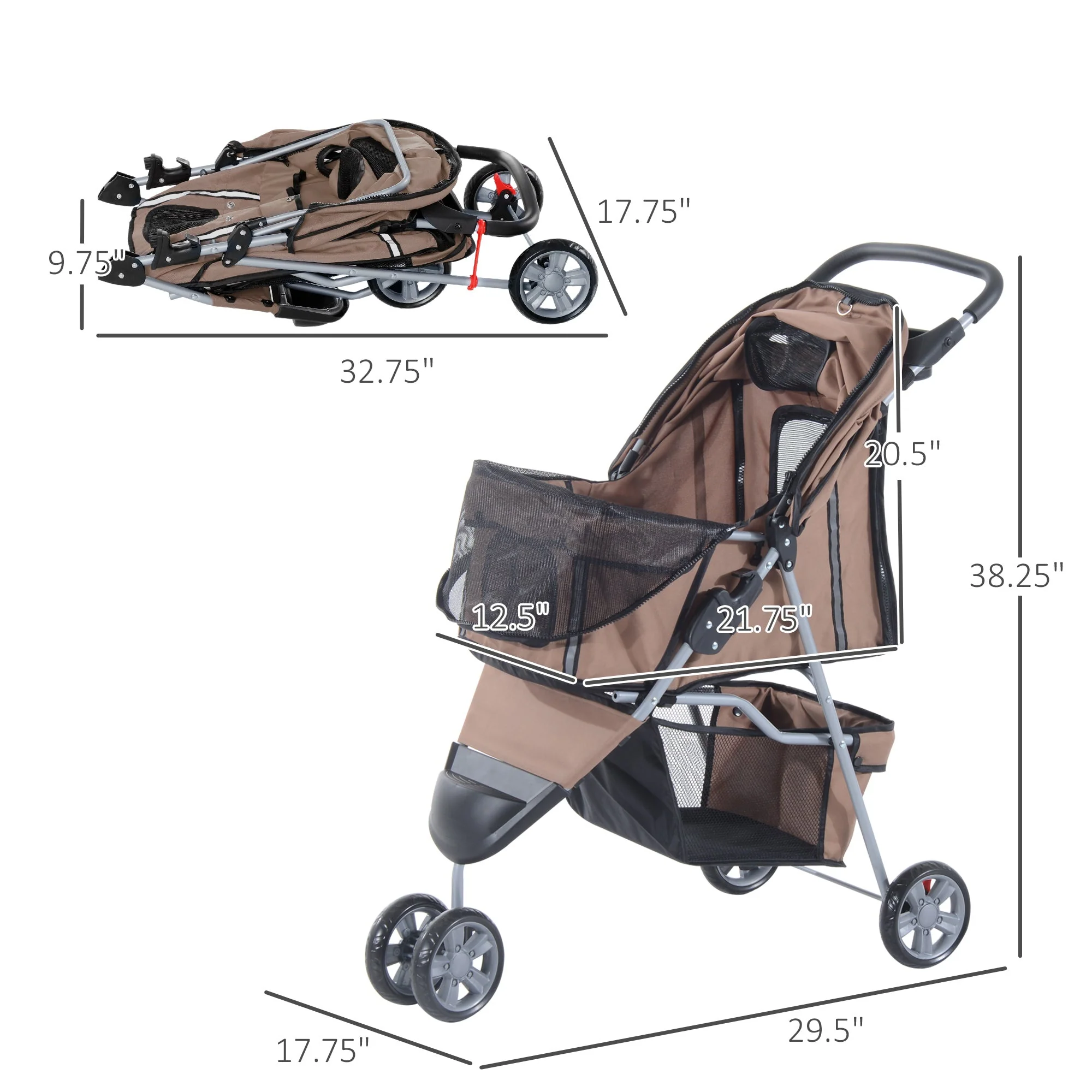 PawHut Pet Travel Stroller Cat Dog Pushchair Trolley Puppy Jogger Carrier Three Wheels for Small Miniature DogsCoffee - Image 2